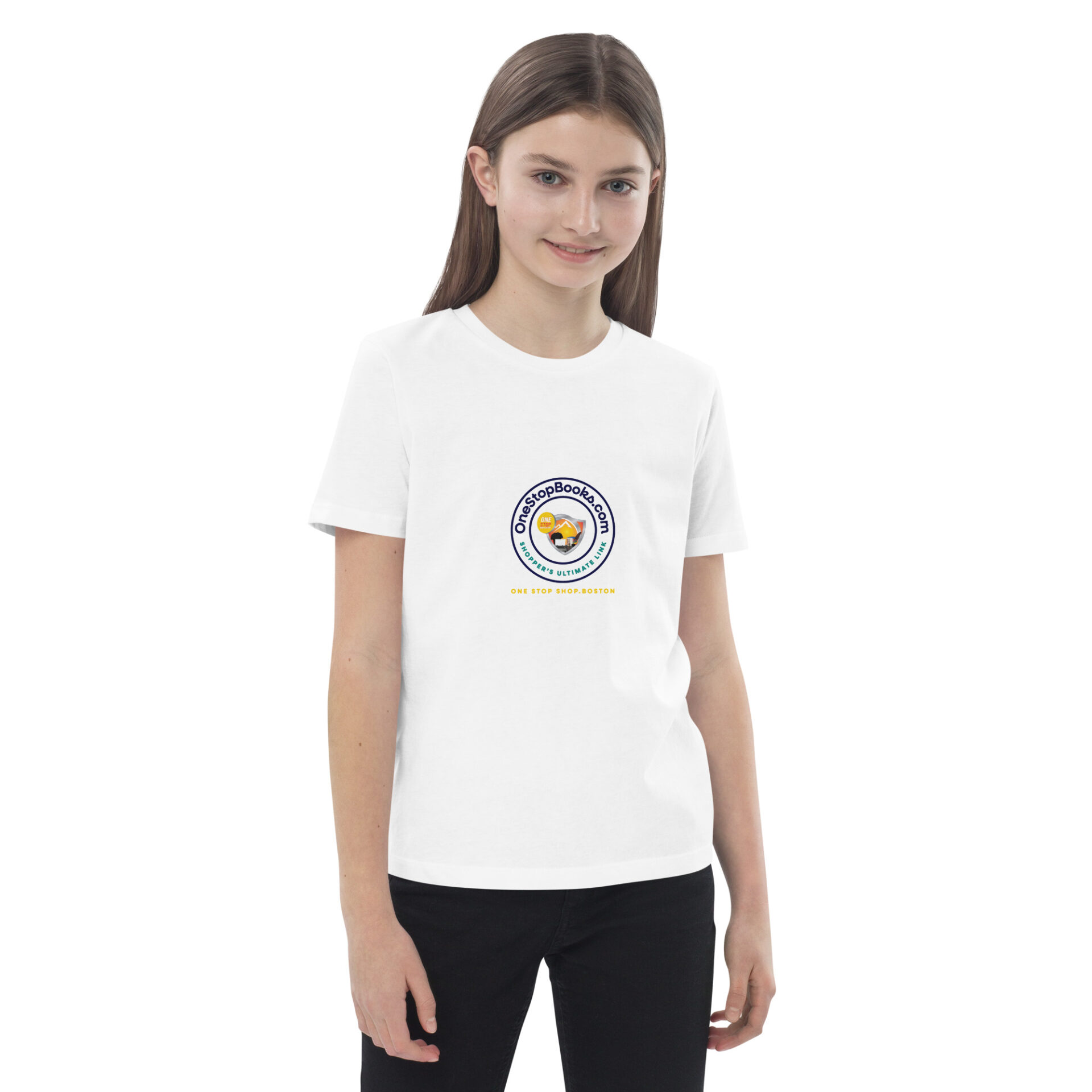 A girl wearing white shirt with a logo