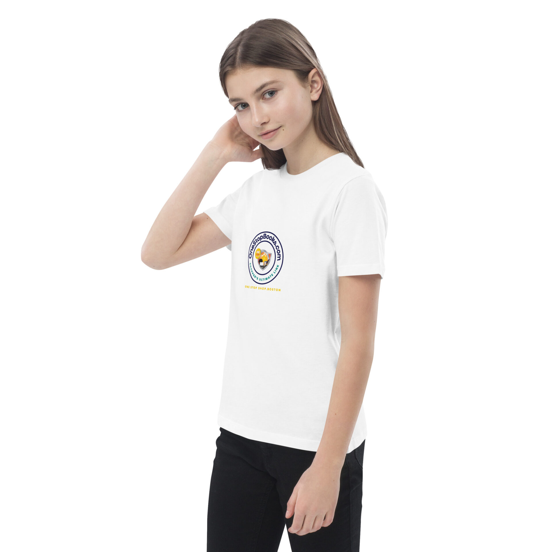 A girl is standing up wearing a white shirt