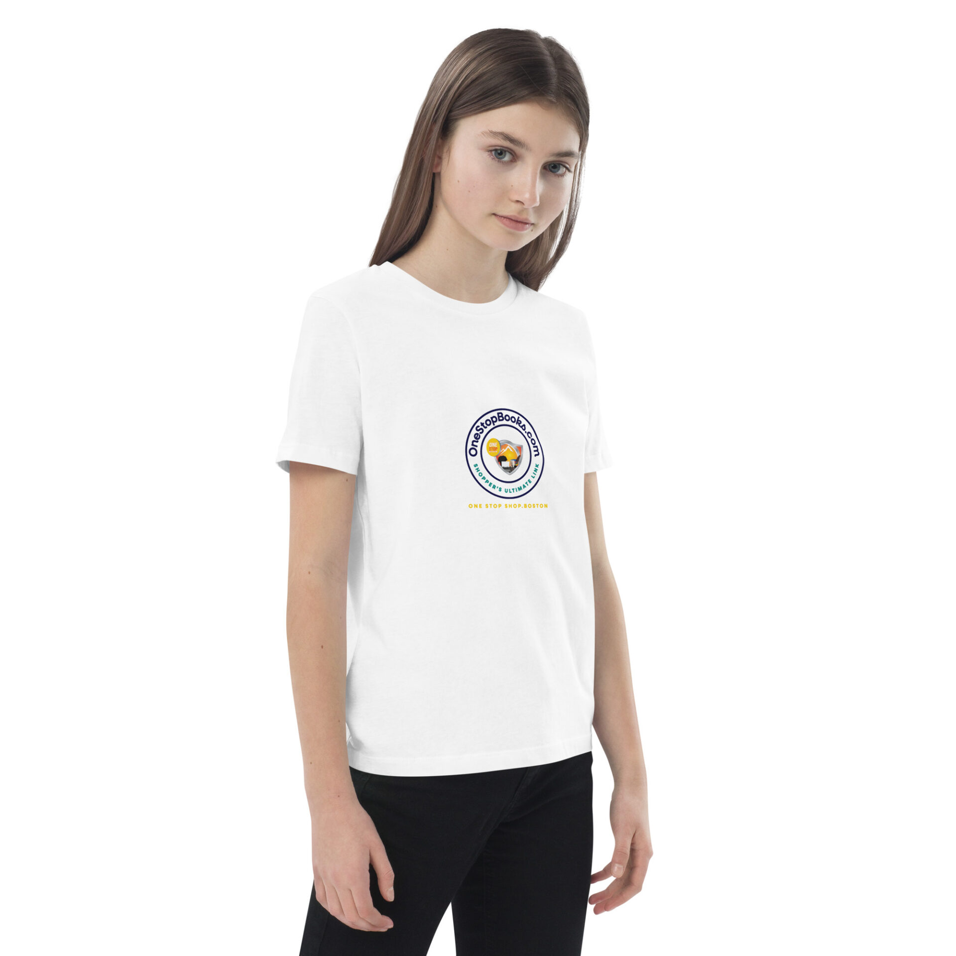 A girl wearing white shirt and black pants