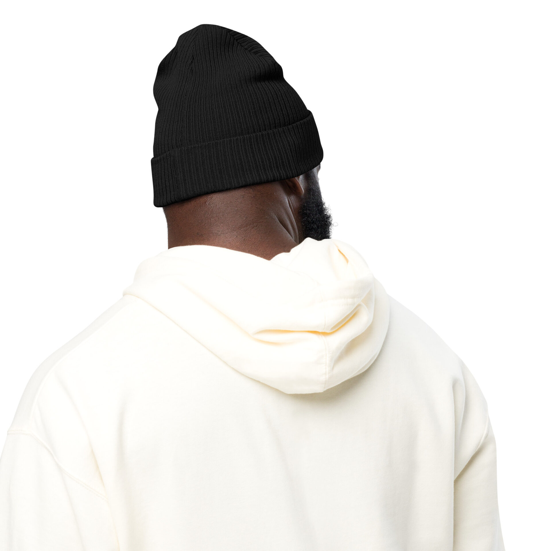 Man in black beanie and white hoodie, back view.
