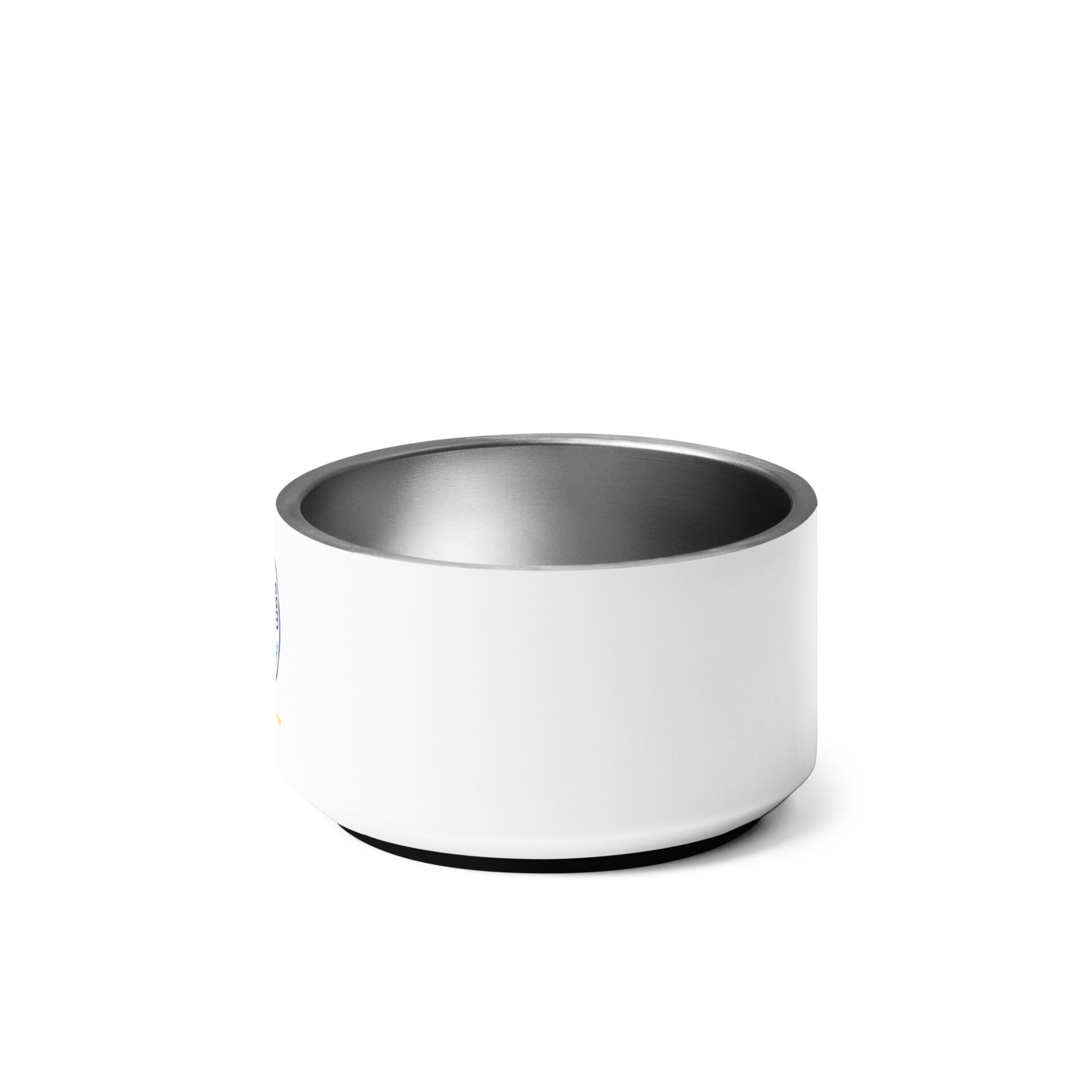 White and silver pet food bowl.