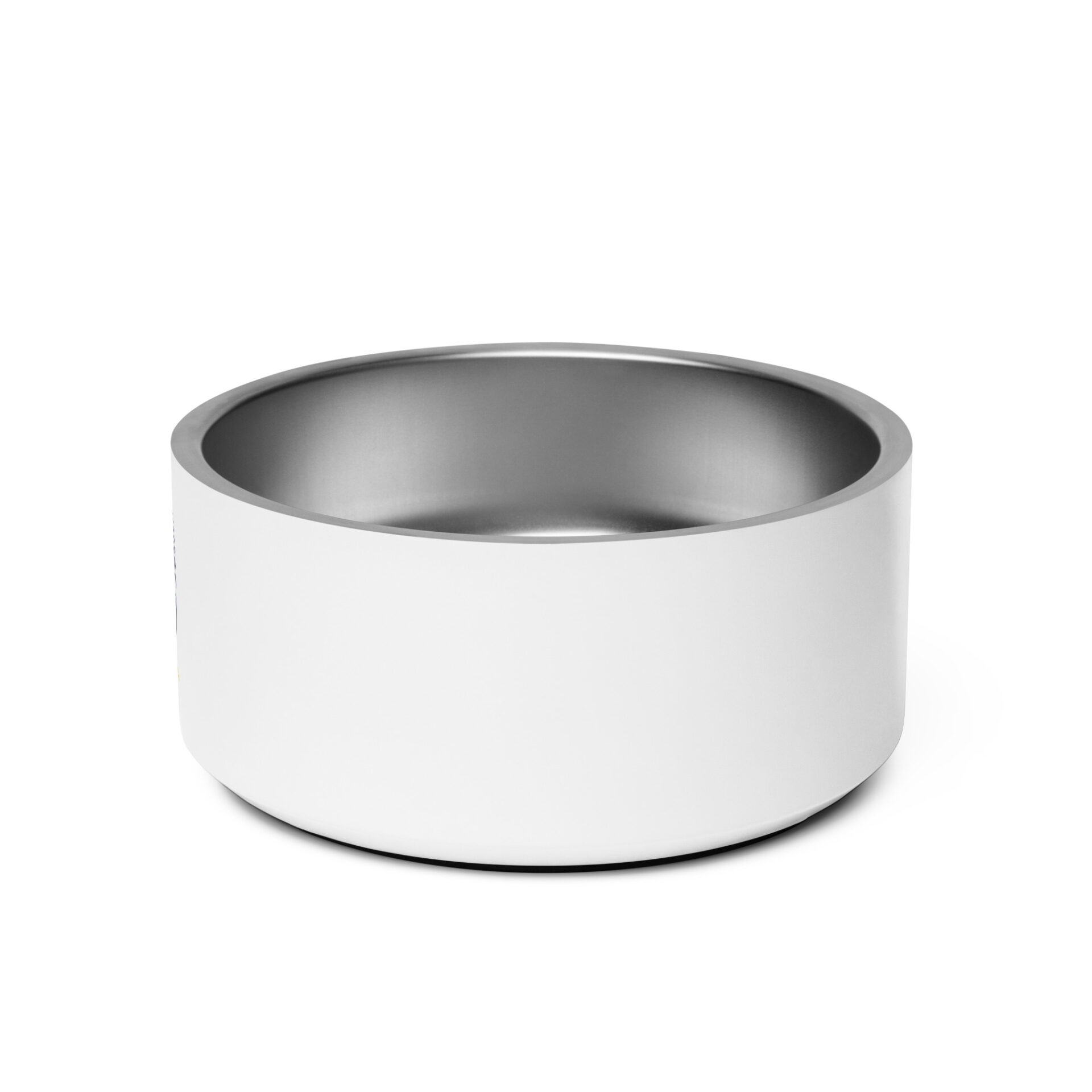 White pet bowl with stainless steel rim.