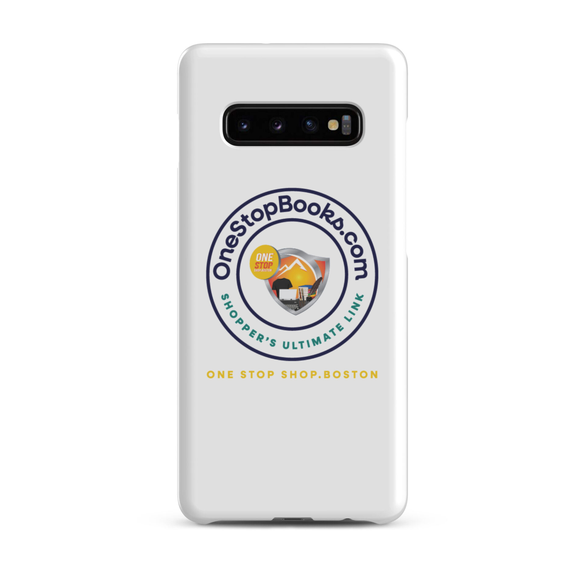 White phone case with OneStopBooks.com logo.