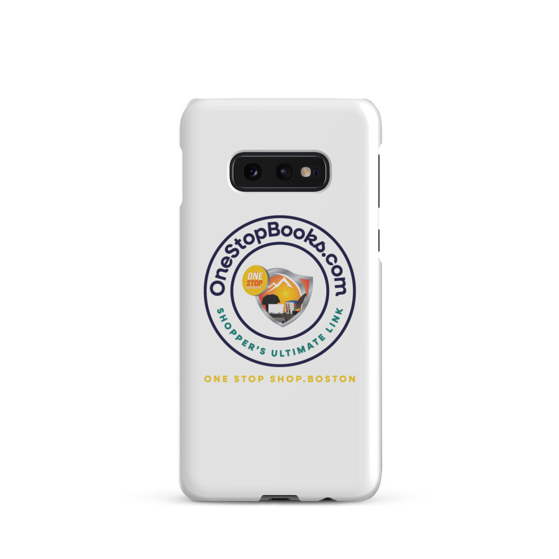 White phone case with OneStopBooks.com logo.