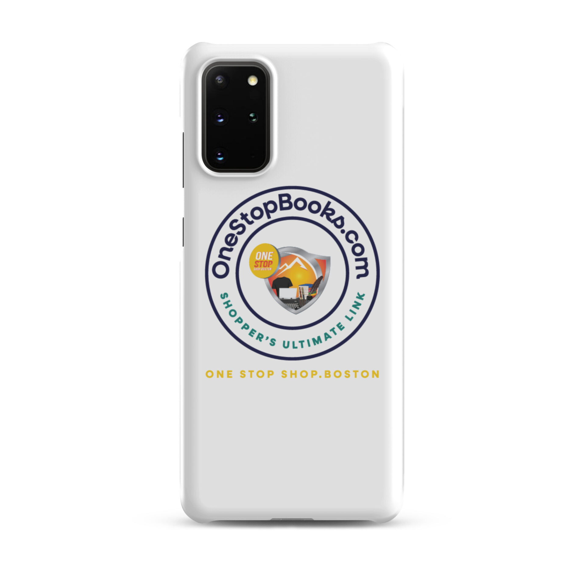White phone case with OneStopBooks.com logo.