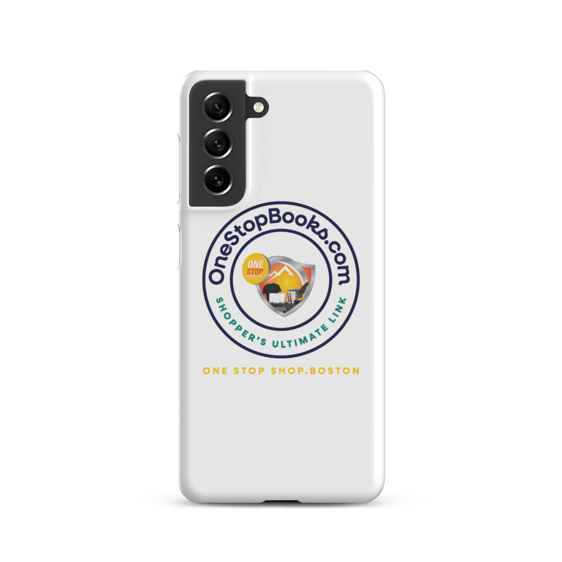 White phone case with OneStopBooks.com logo.