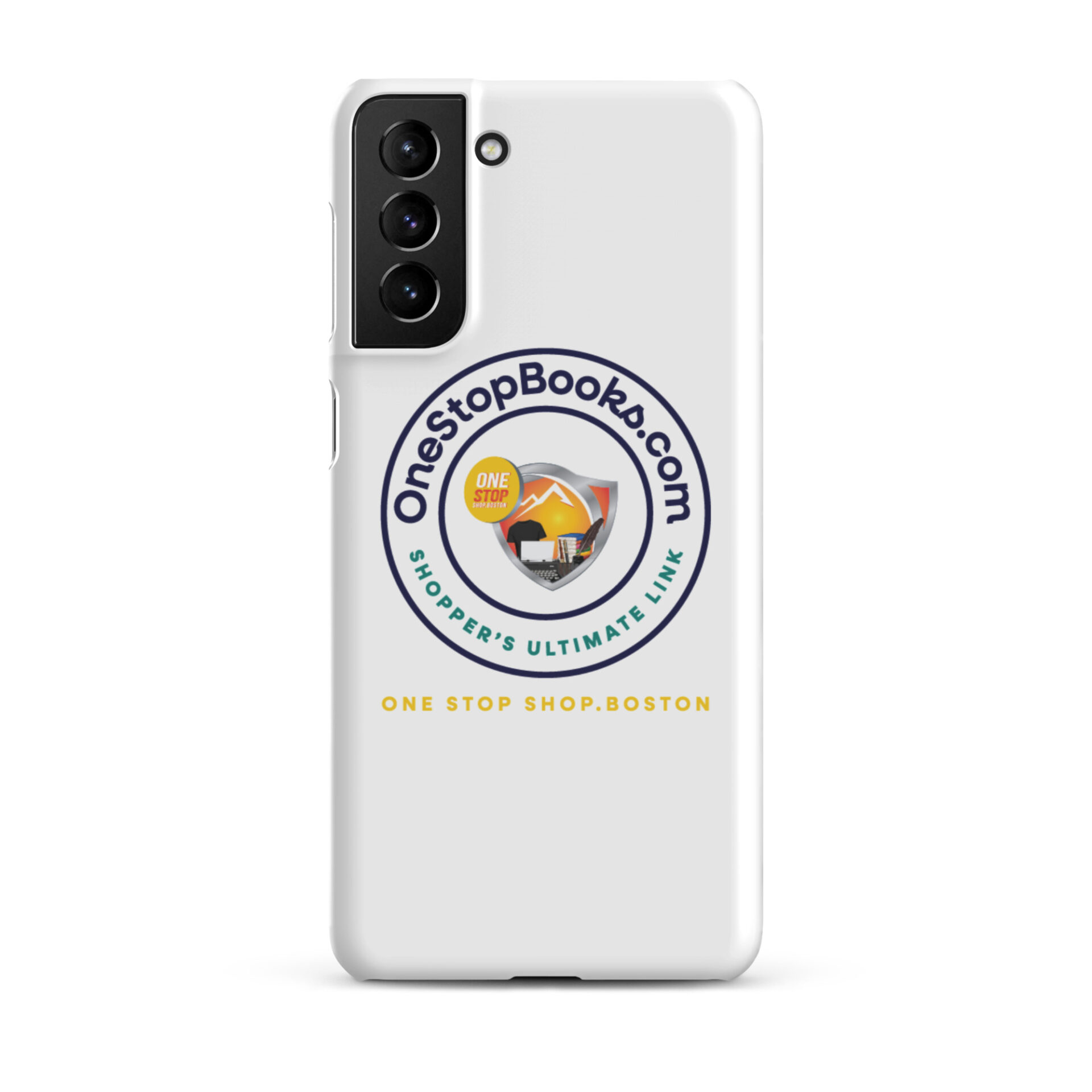 White phone case with One Stop Books logo.