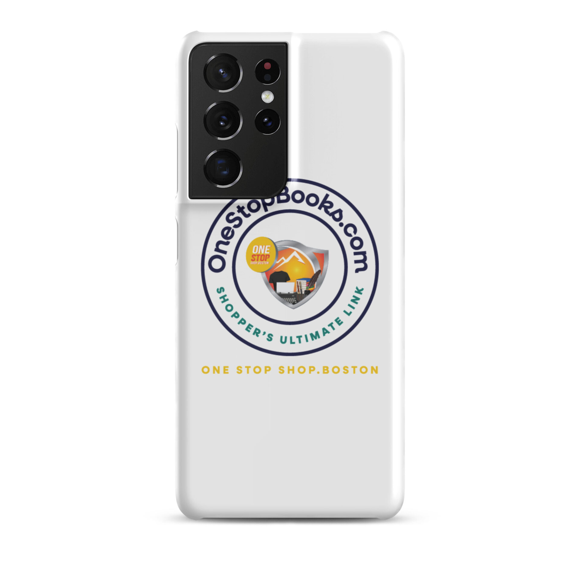 White phone case with One Stop Books logo.