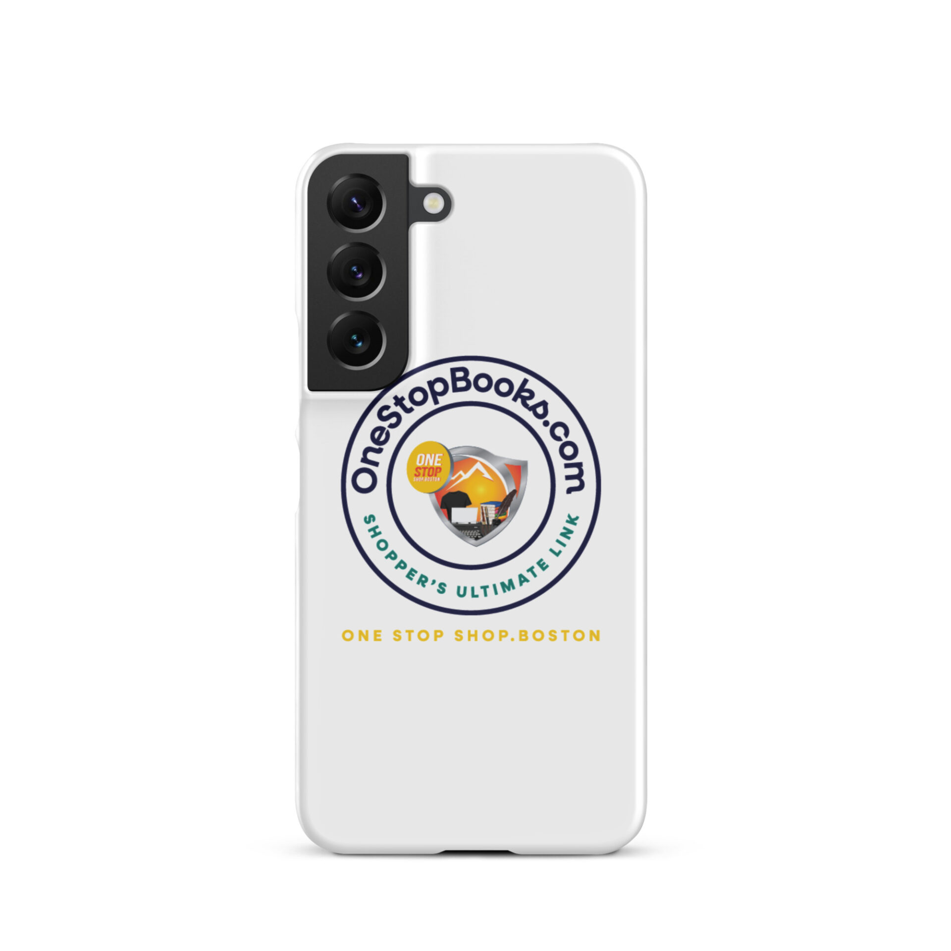 White phone case with OneStopBooks.com logo.
