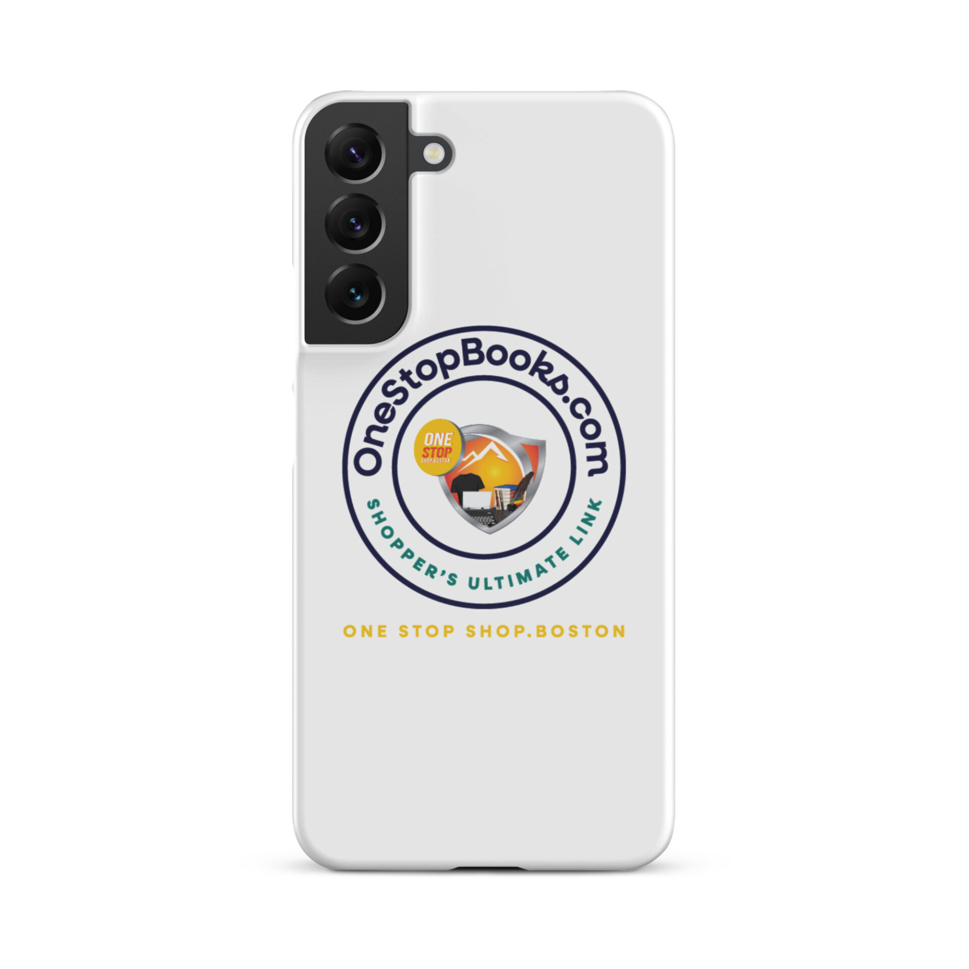 White phone case with OneStopBooks.com logo.