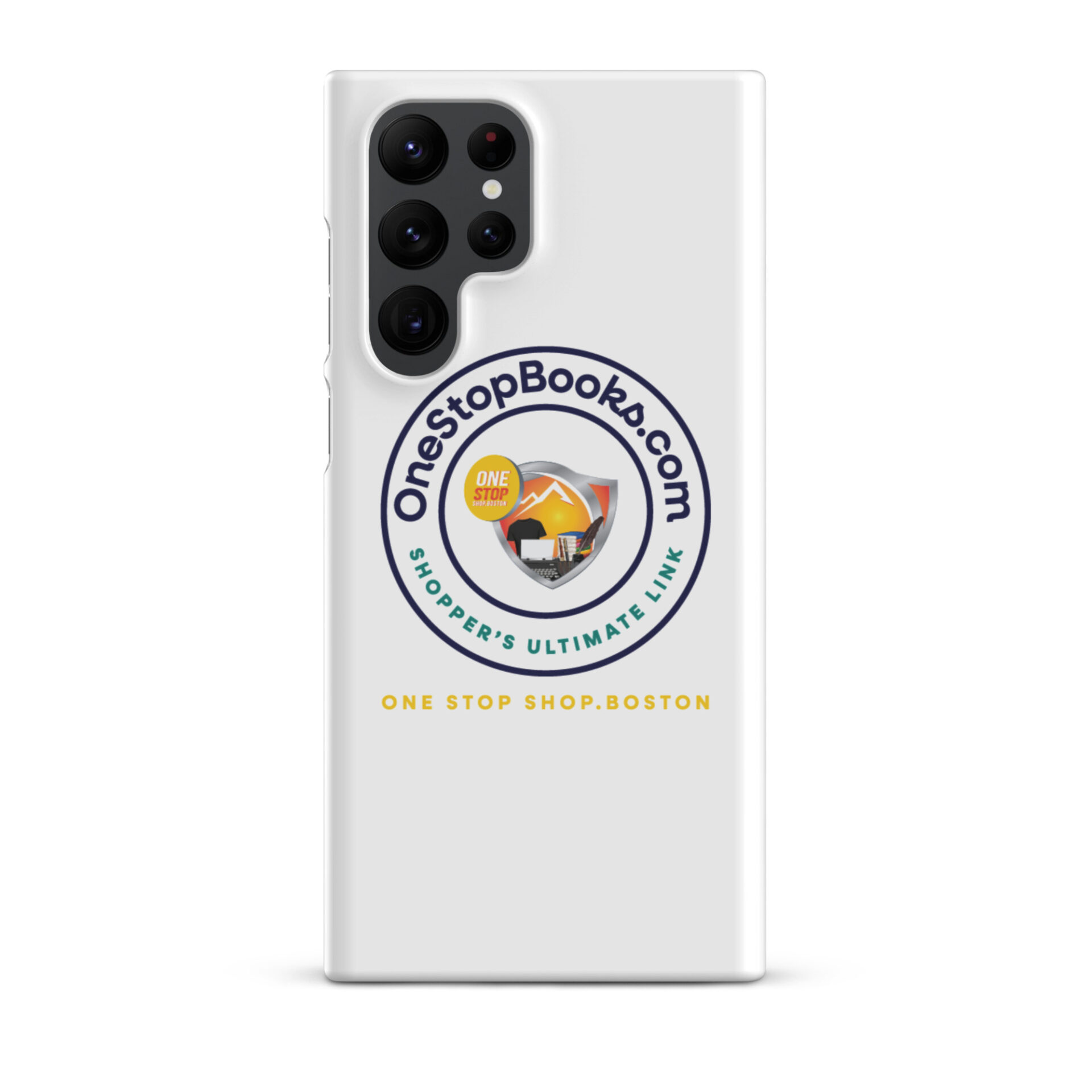 White phone case with OneStopBooks.com logo.
