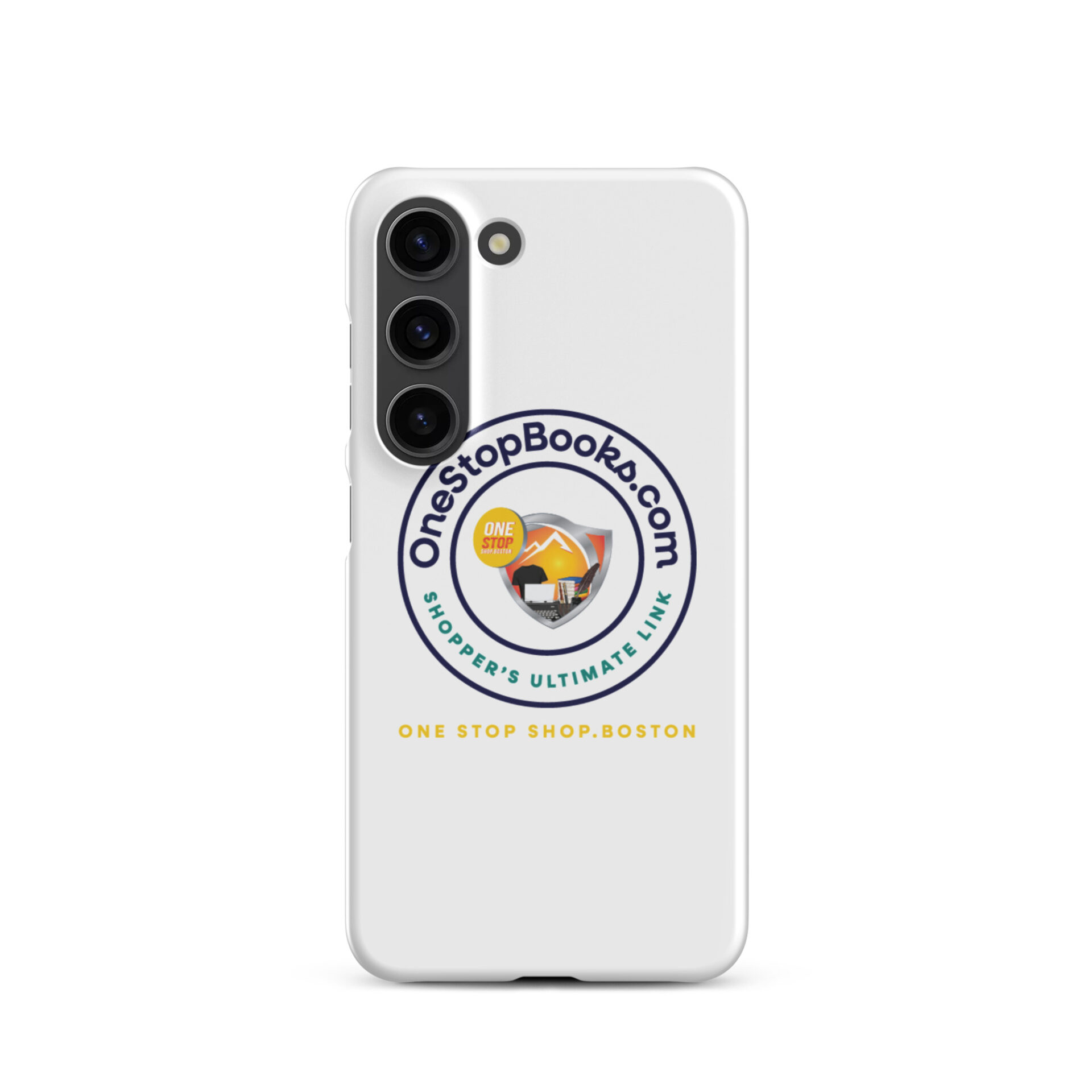 White phone case with OneStopBooks.com logo.