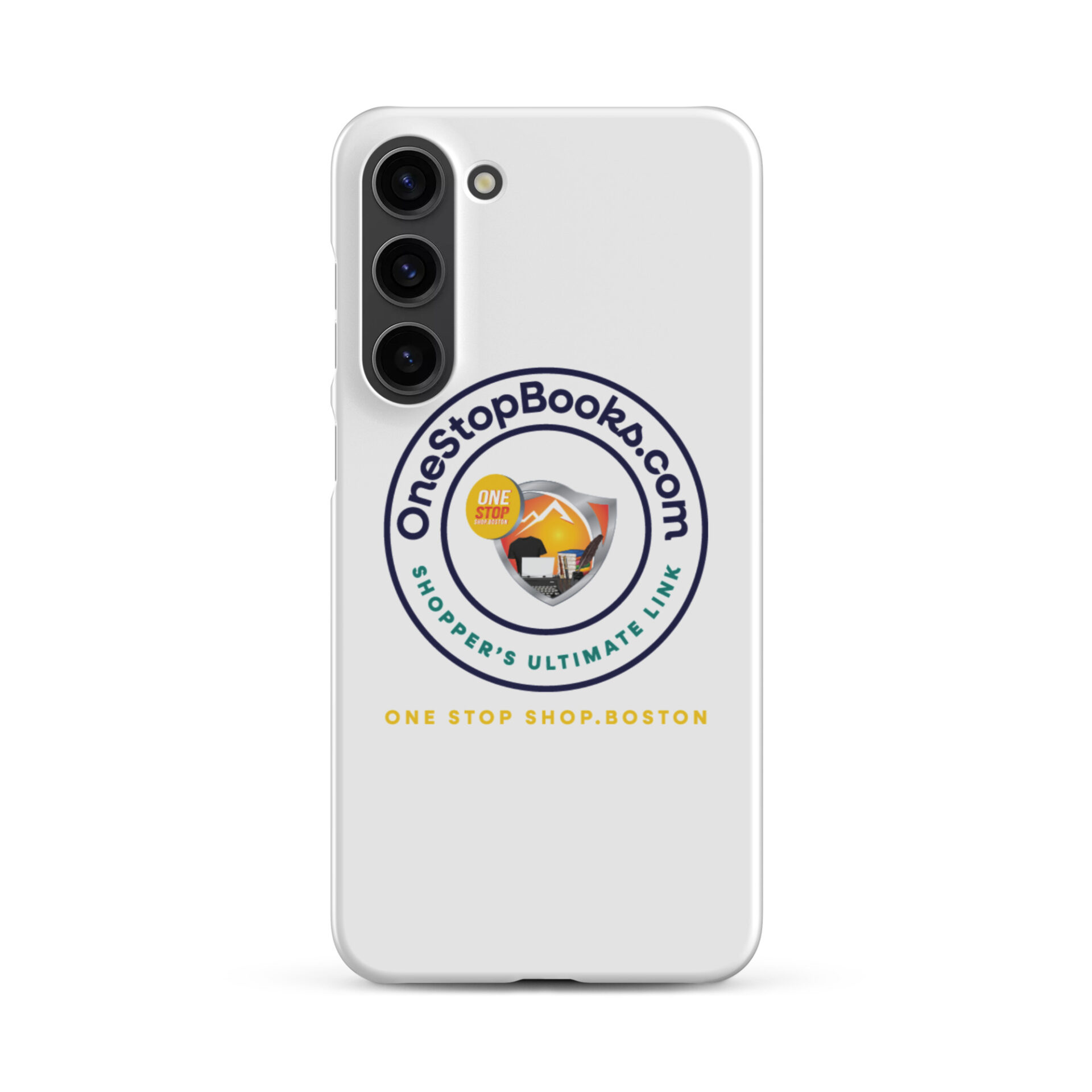 White phone case with OneStopBooks.com logo.