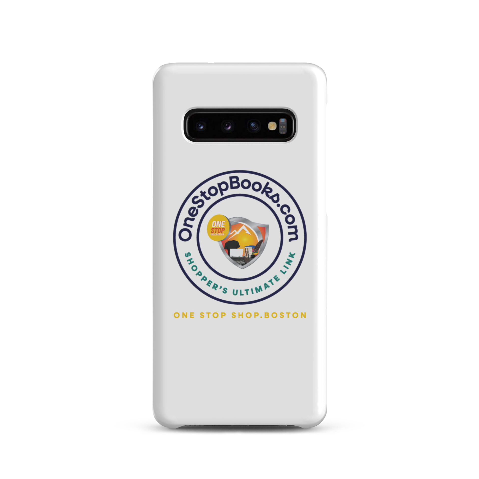 White phone case with OneStopBooks.com logo.