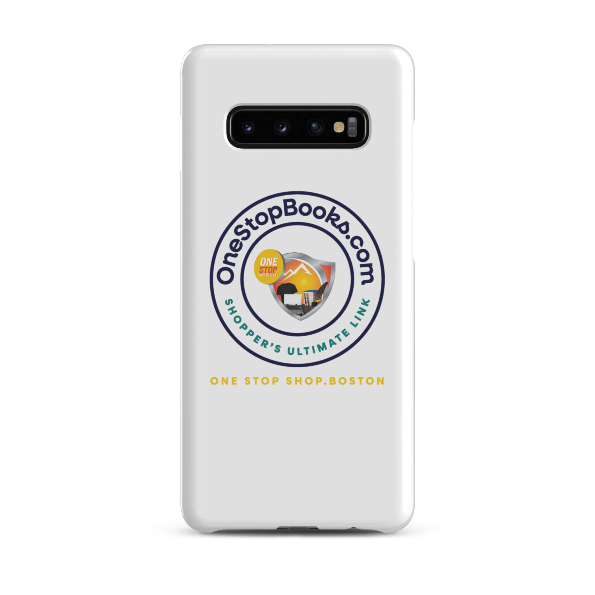 White phone case with OneStopBooks.com logo.