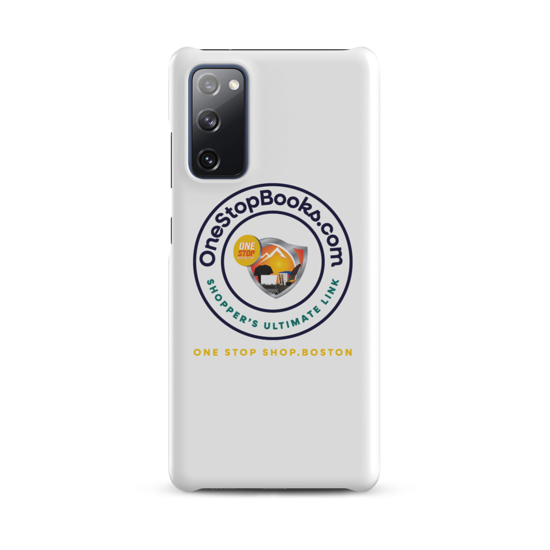 White phone case with OneStopBooks.com logo.