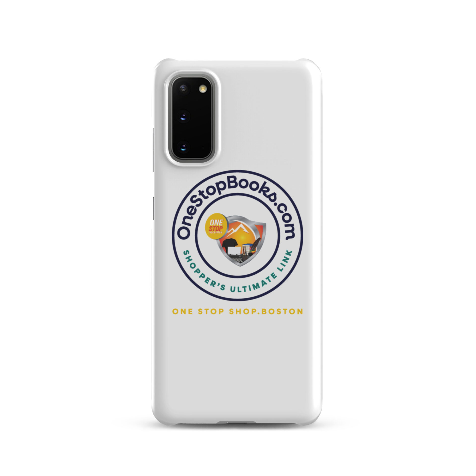 White phone case with OneStopBooks.com logo.