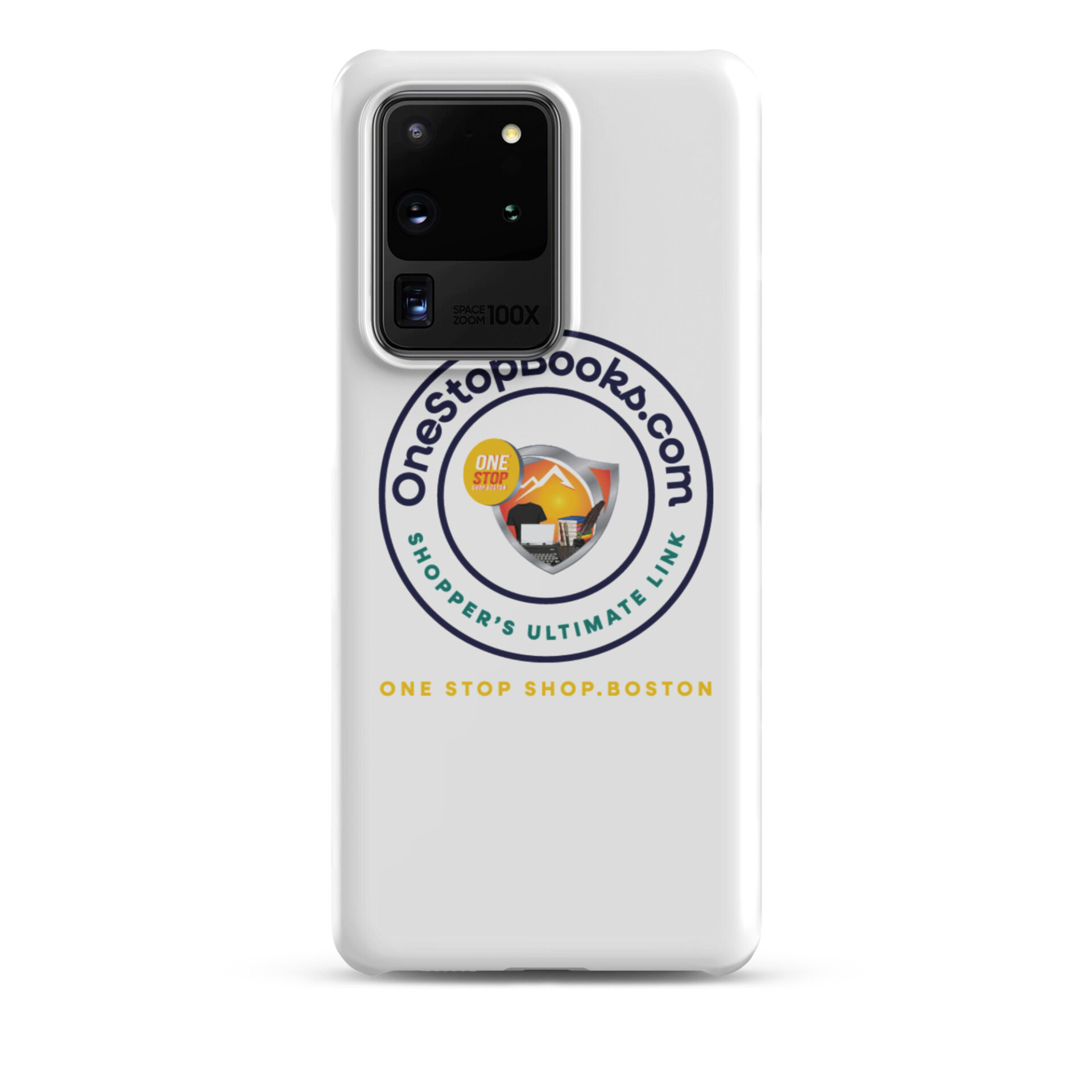 White phone case with One Stop Shop logo.