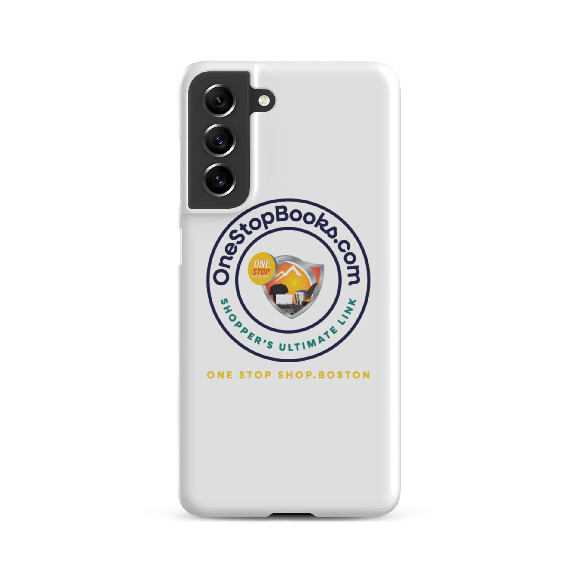 White phone case with OneStopBooks.com logo.