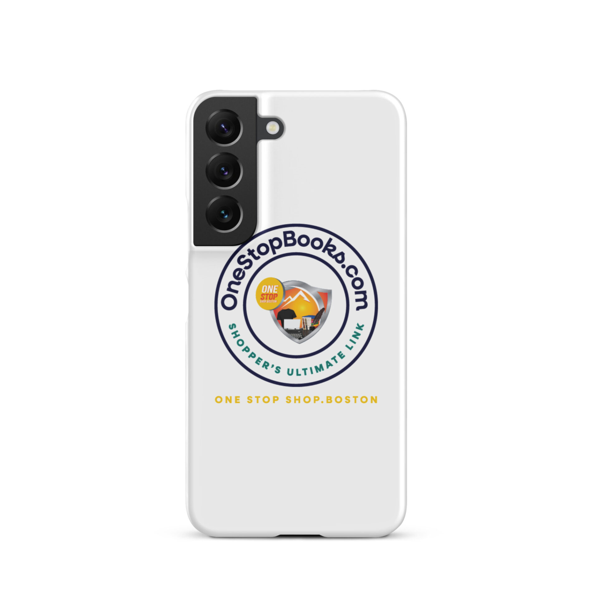 White phone case with OneStopBooks.com logo.