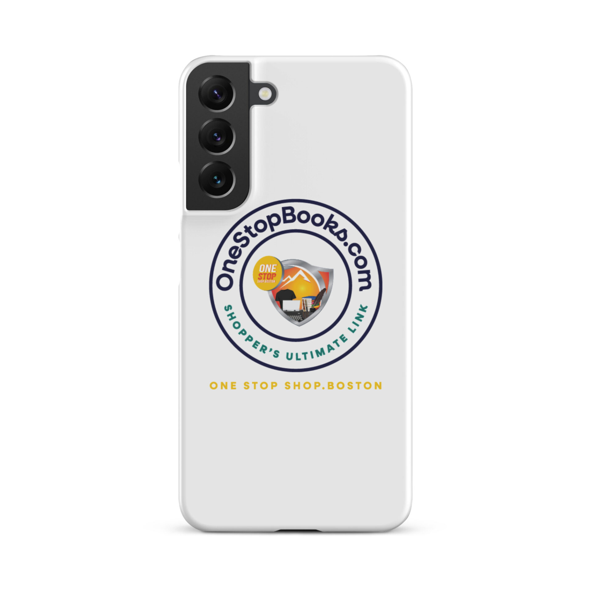 White phone case with OneStopBooks.com logo.
