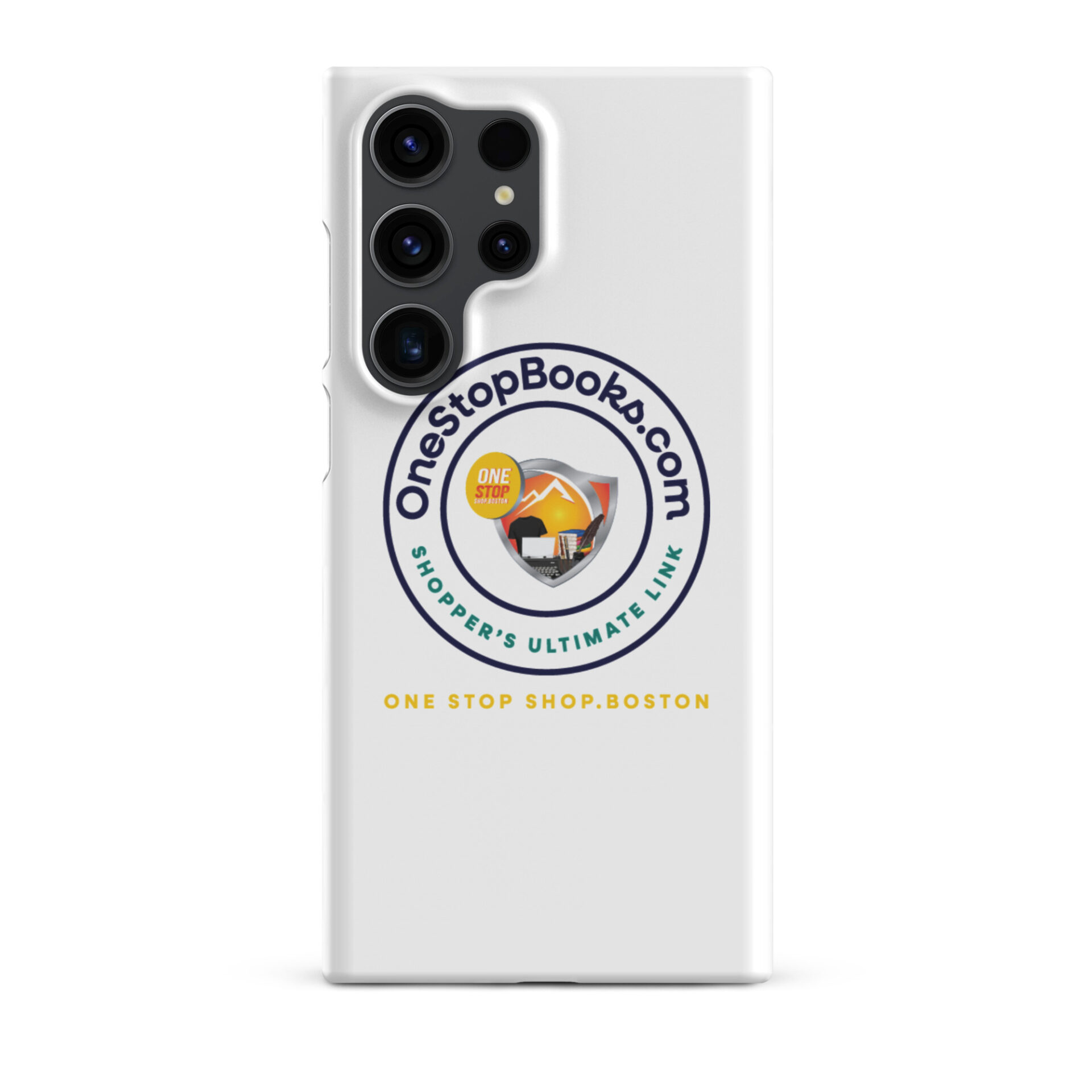 White phone case with OneStopBooks.com logo.