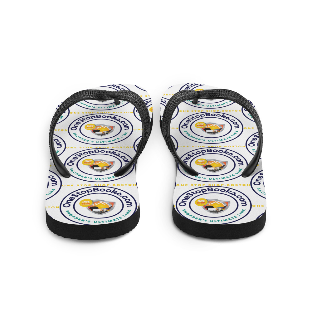 Black flip flops with "OneStopBooks.com" logo.
