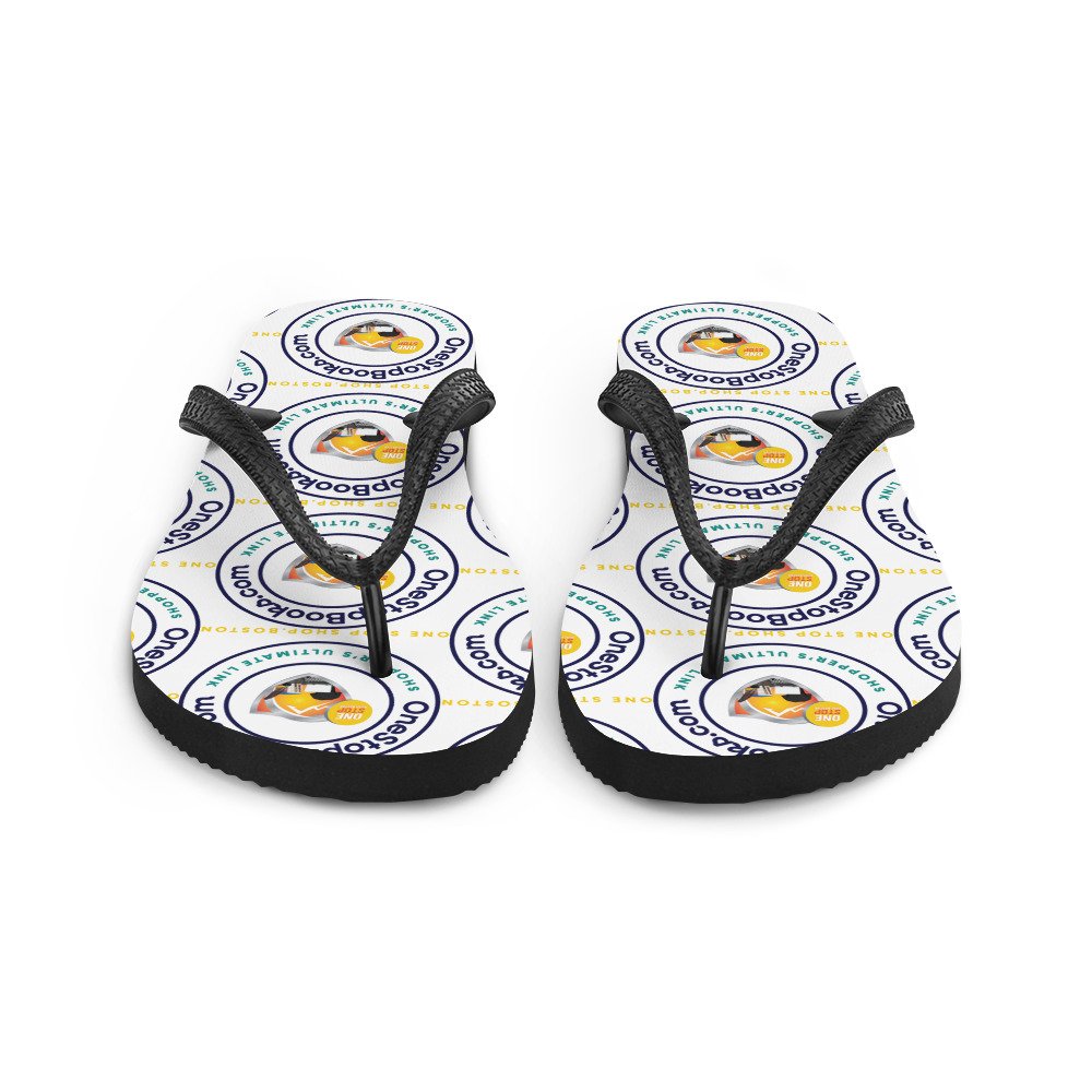 Black flip flops with a bookstore logo.