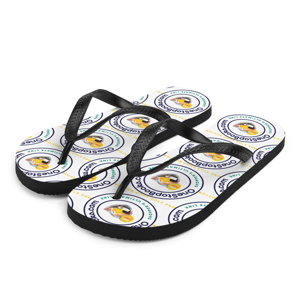 Black flip flops with "onestopbook.com" logo.