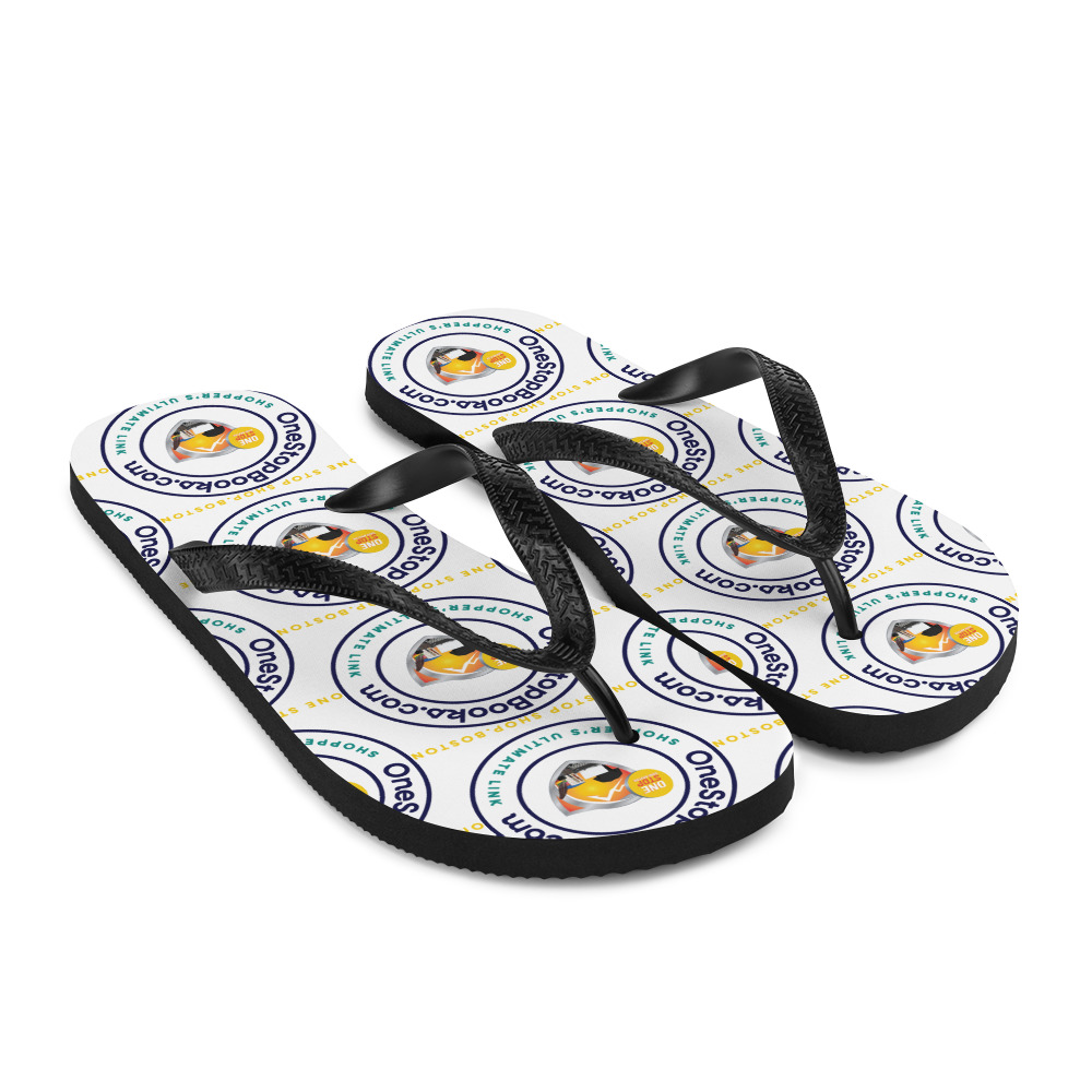 Black flip flops with "OneStopBook.com" logo.