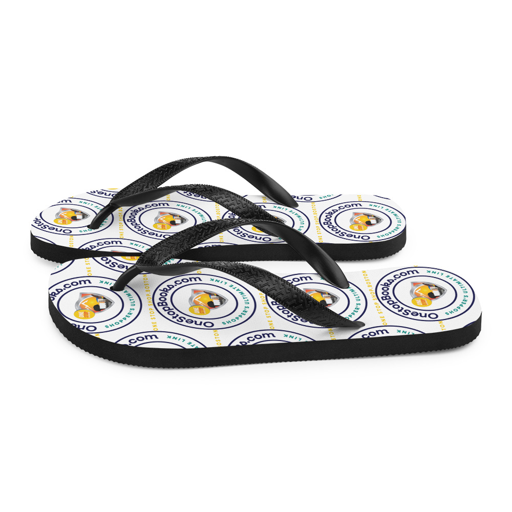 Black flip flops with Onestopbooks.com logo.