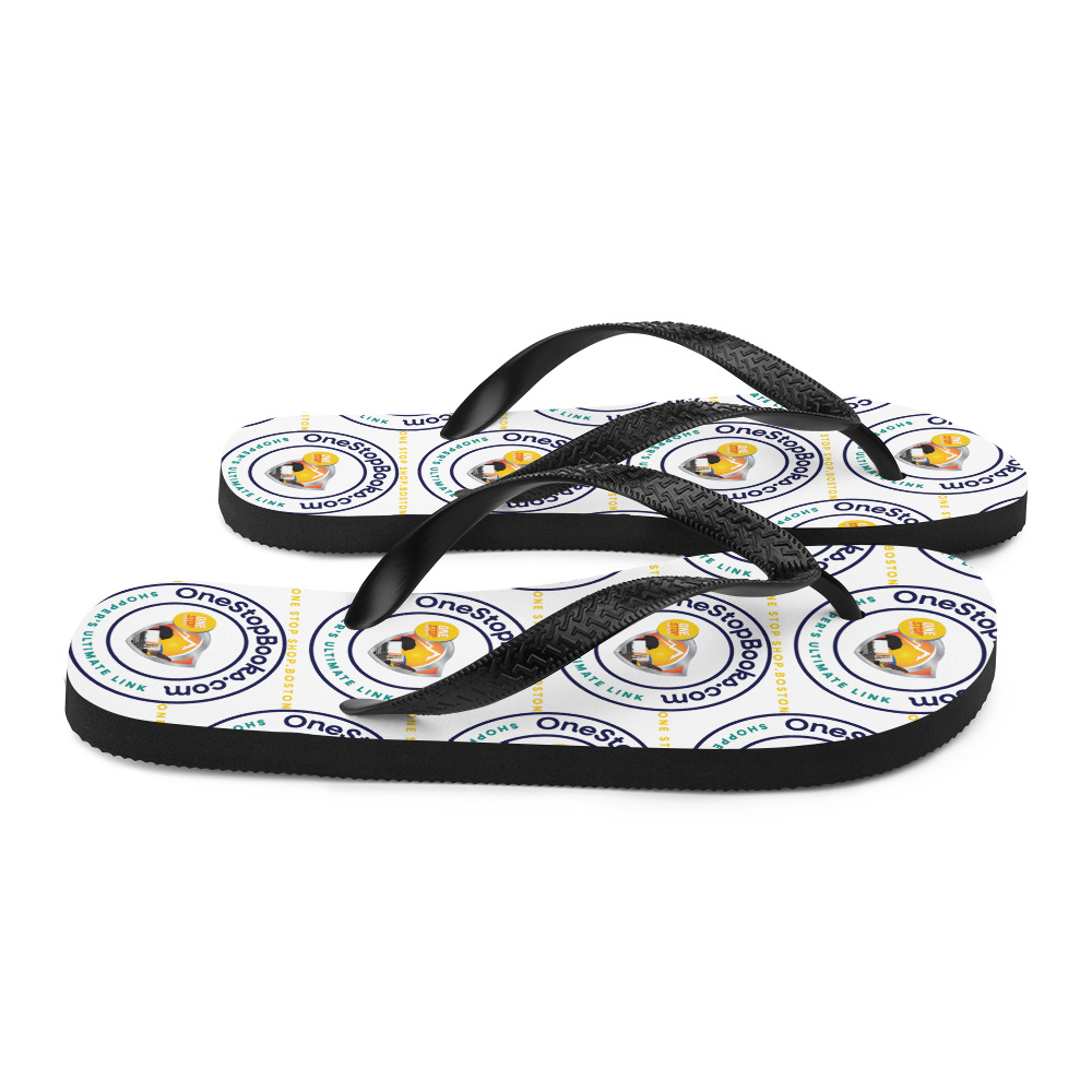 Black flip flops with "OneStopBook.com" logo.