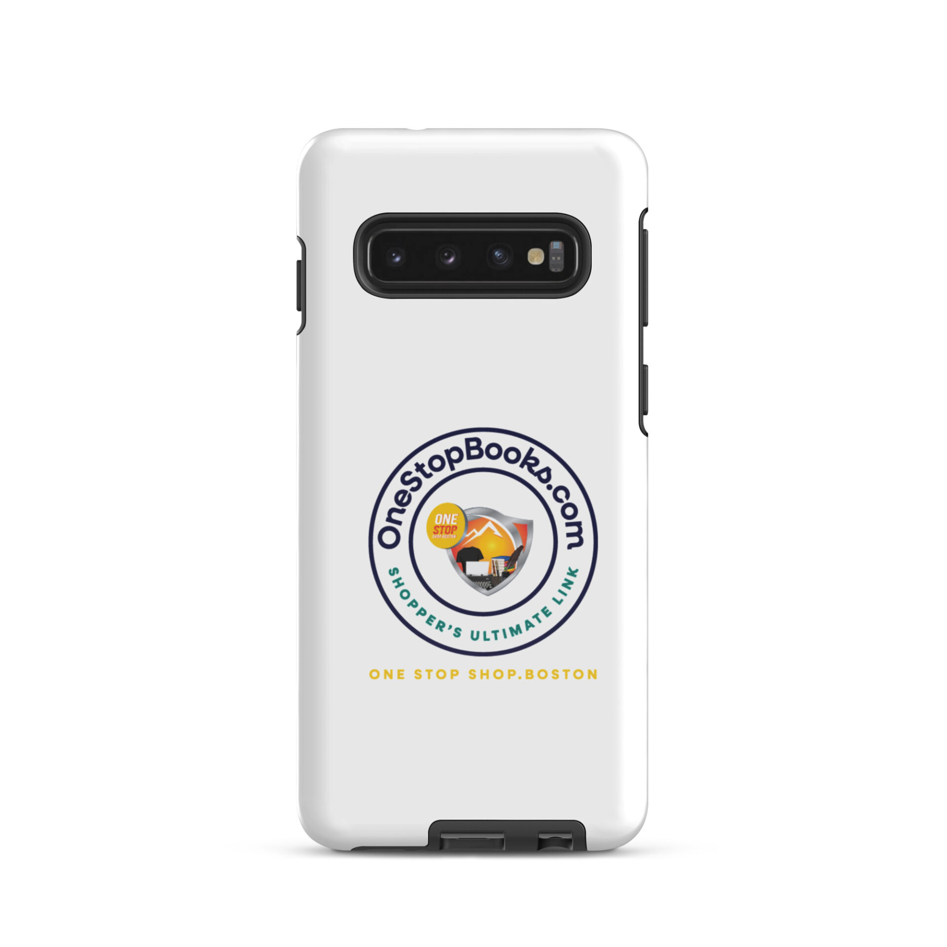White phone case with OneStopBooks.com logo.