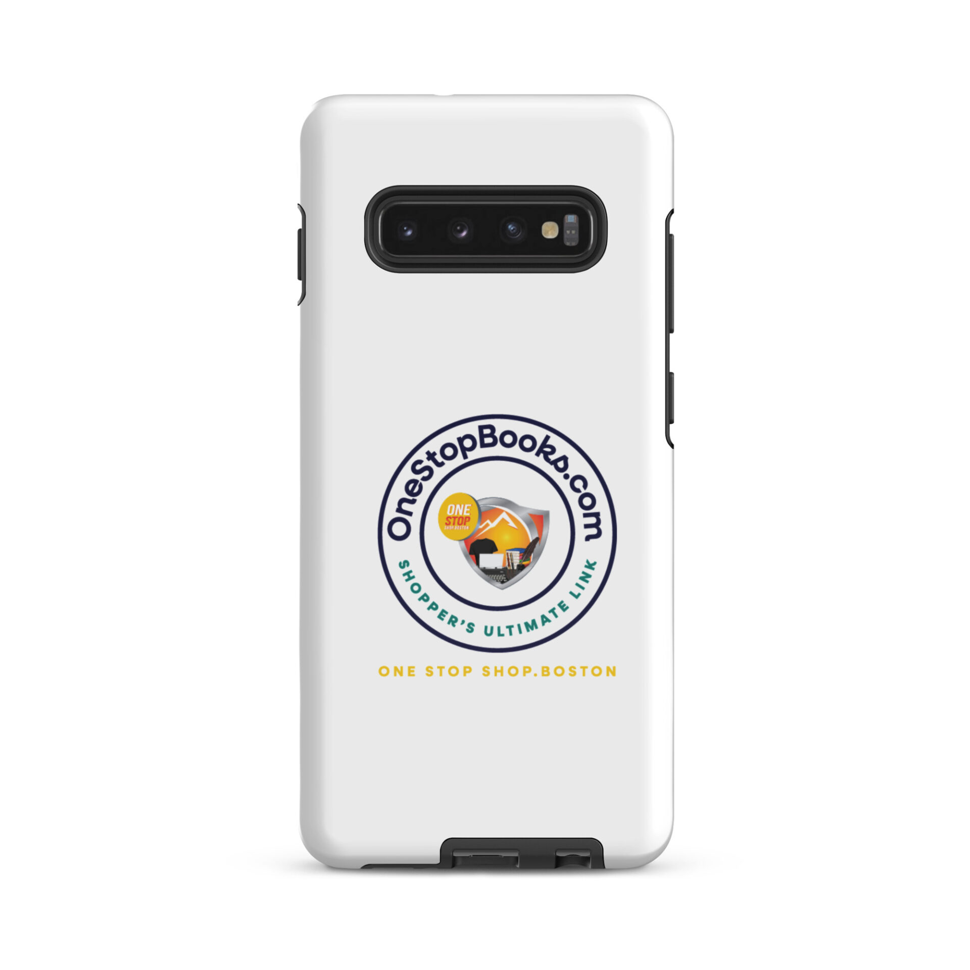 White phone case with OneStopBooks.com logo.