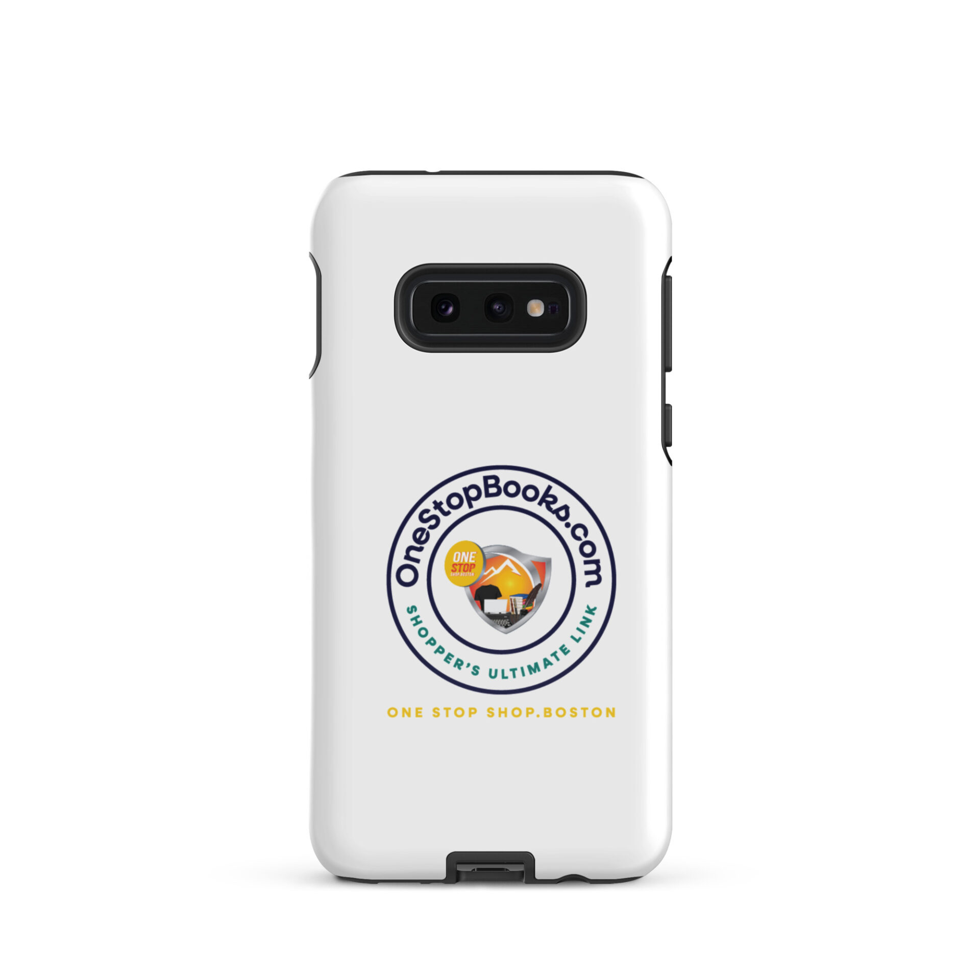 White phone case with OneStopBooks.com logo.