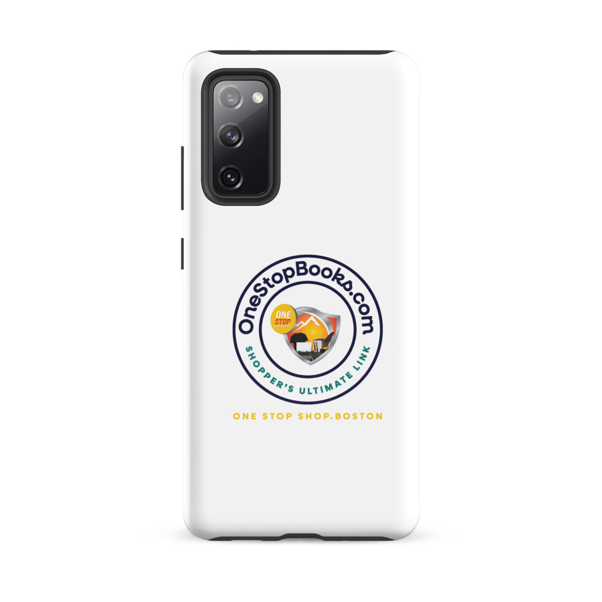 White phone case with OneStopBooks.com logo.