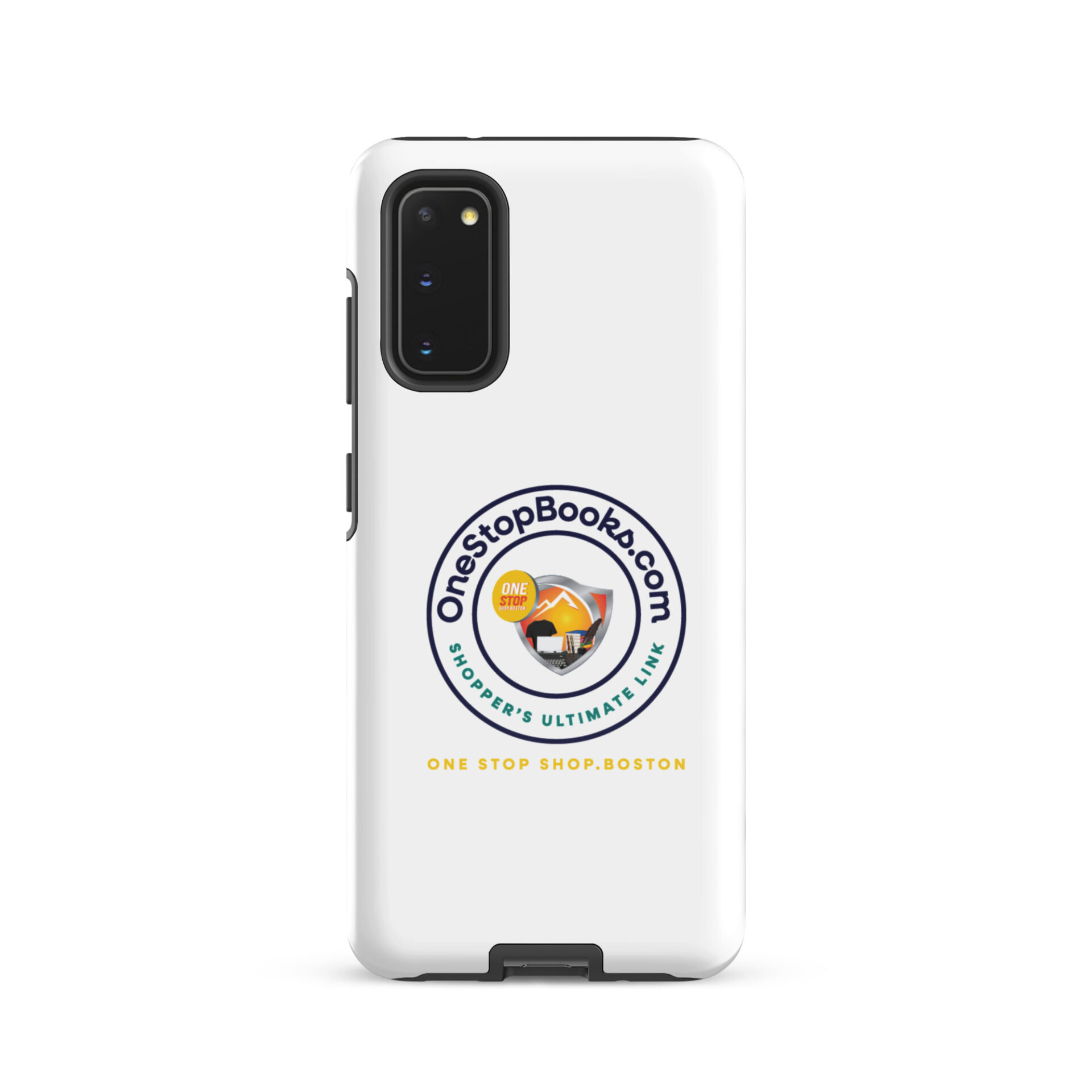White phone case with OneStopBooks.com logo.
