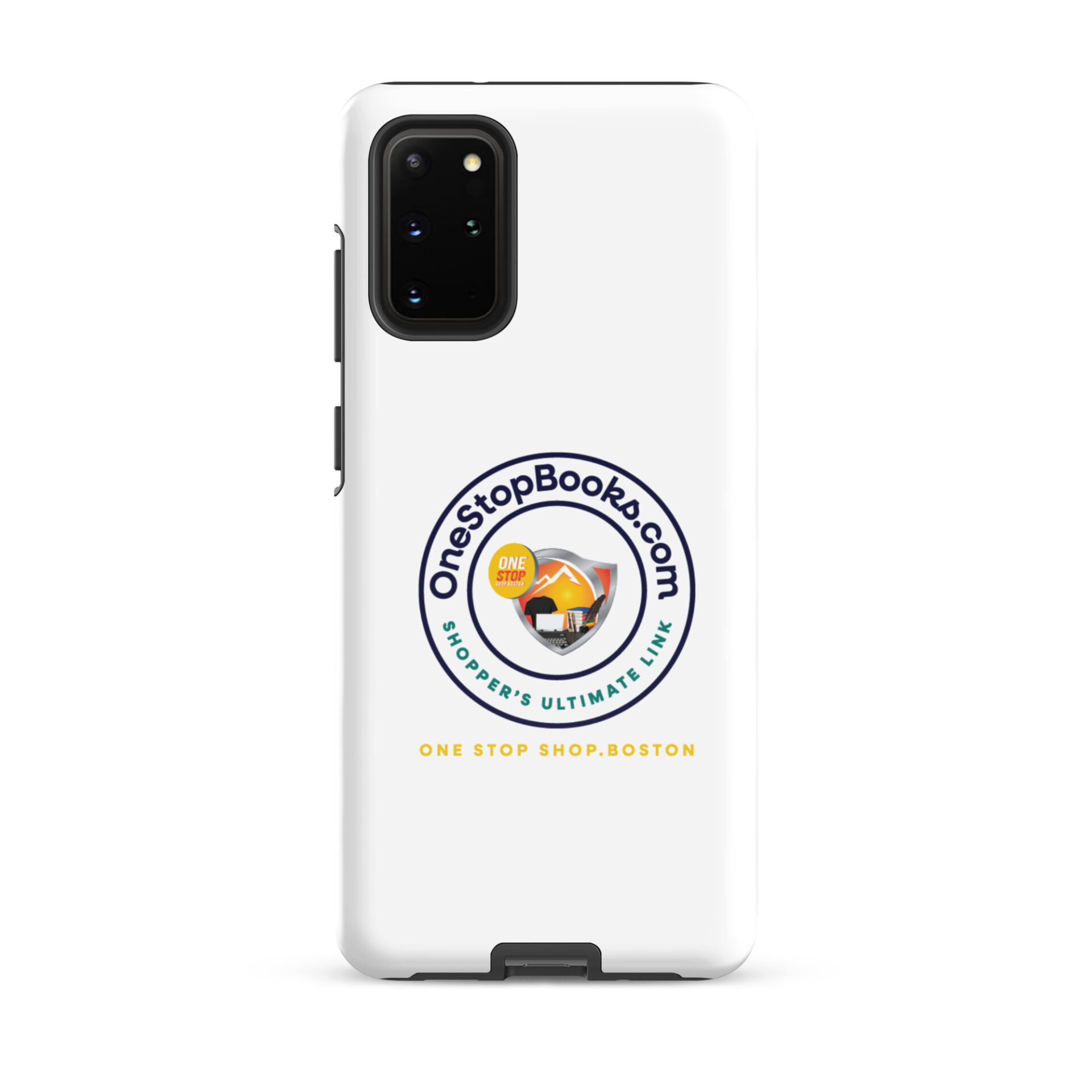 White phone case with One Stop Books logo.