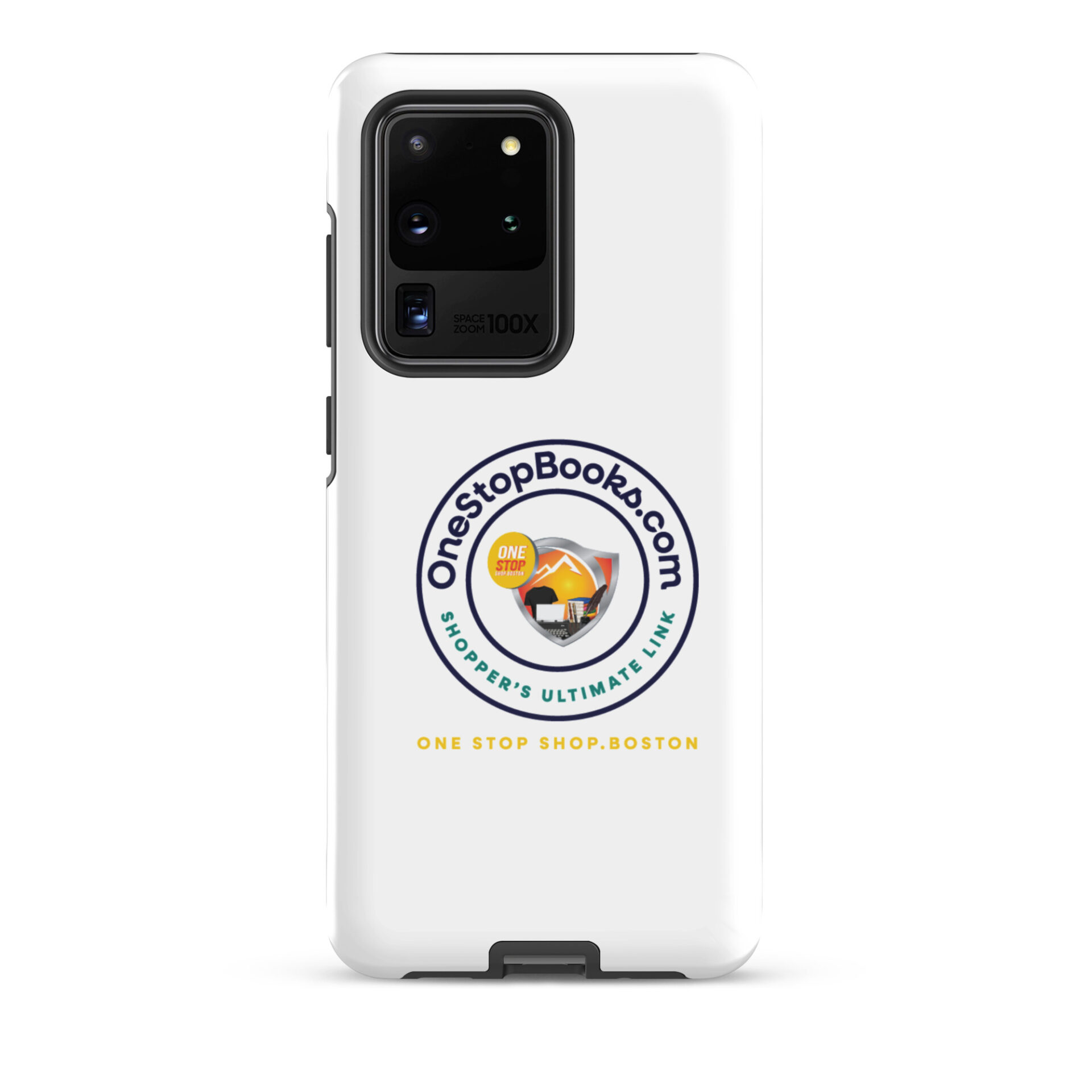 White phone case with OneStopBooks.com logo.
