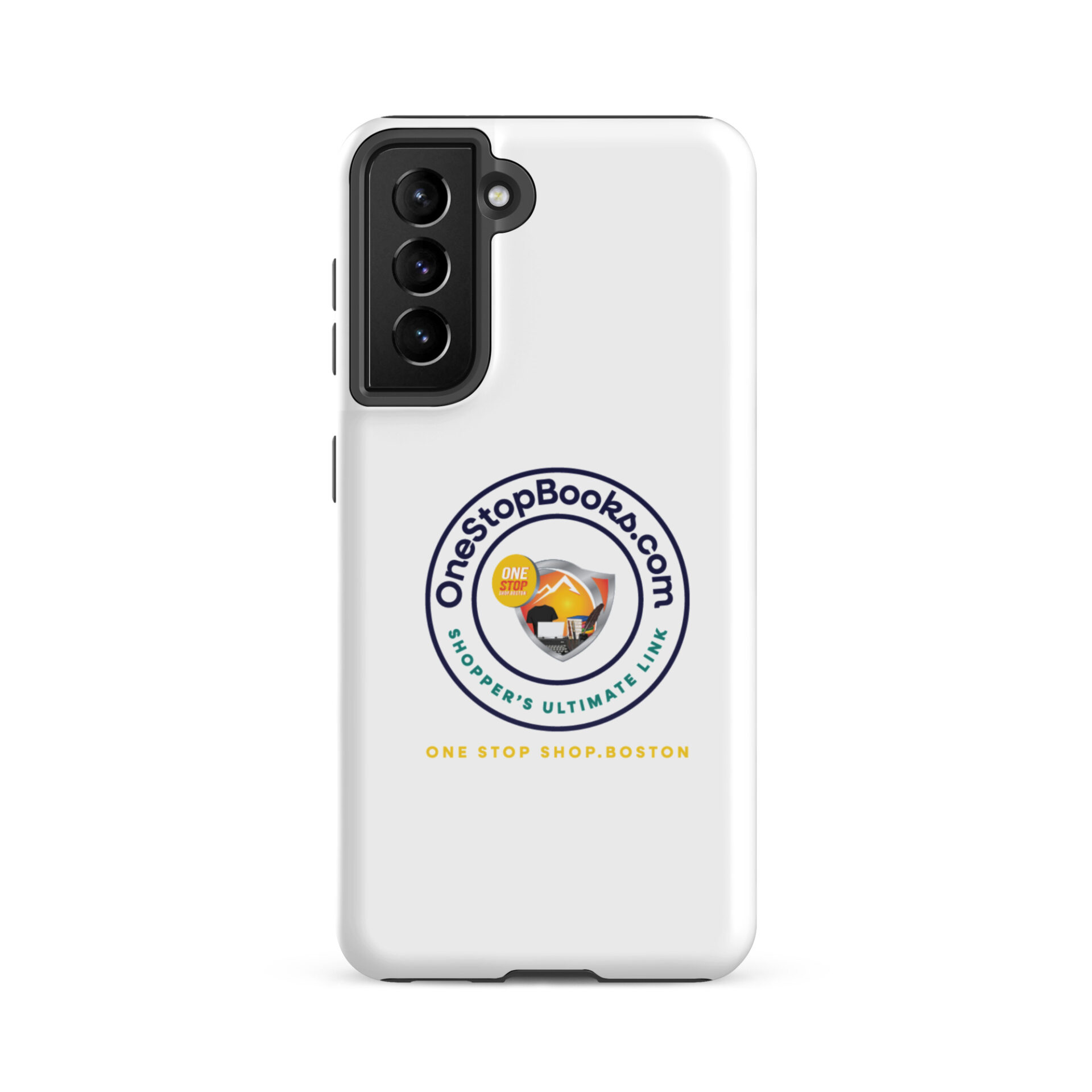 White phone case with OneStopBooks.com logo.