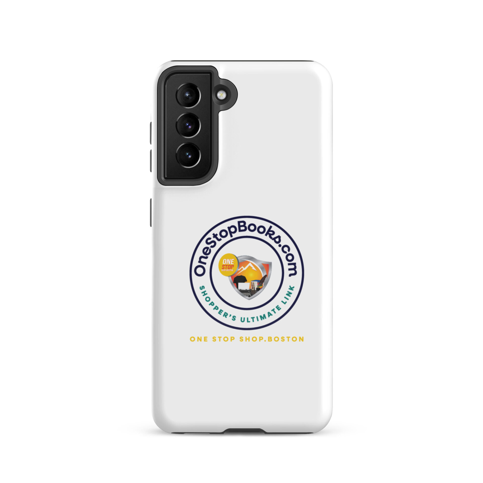 White phone case with One Stop Books logo.