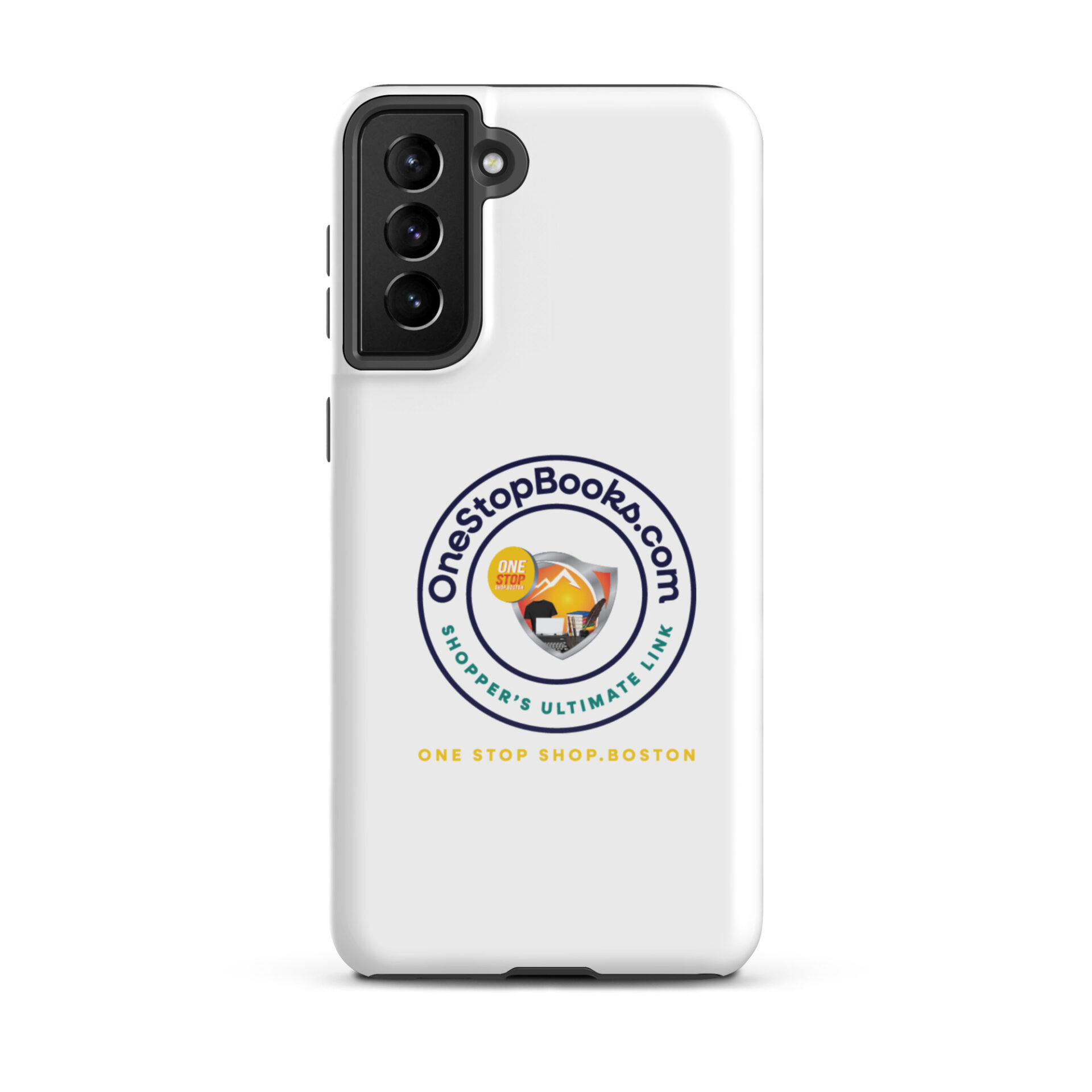 White phone case with OneStopBooks.com logo.