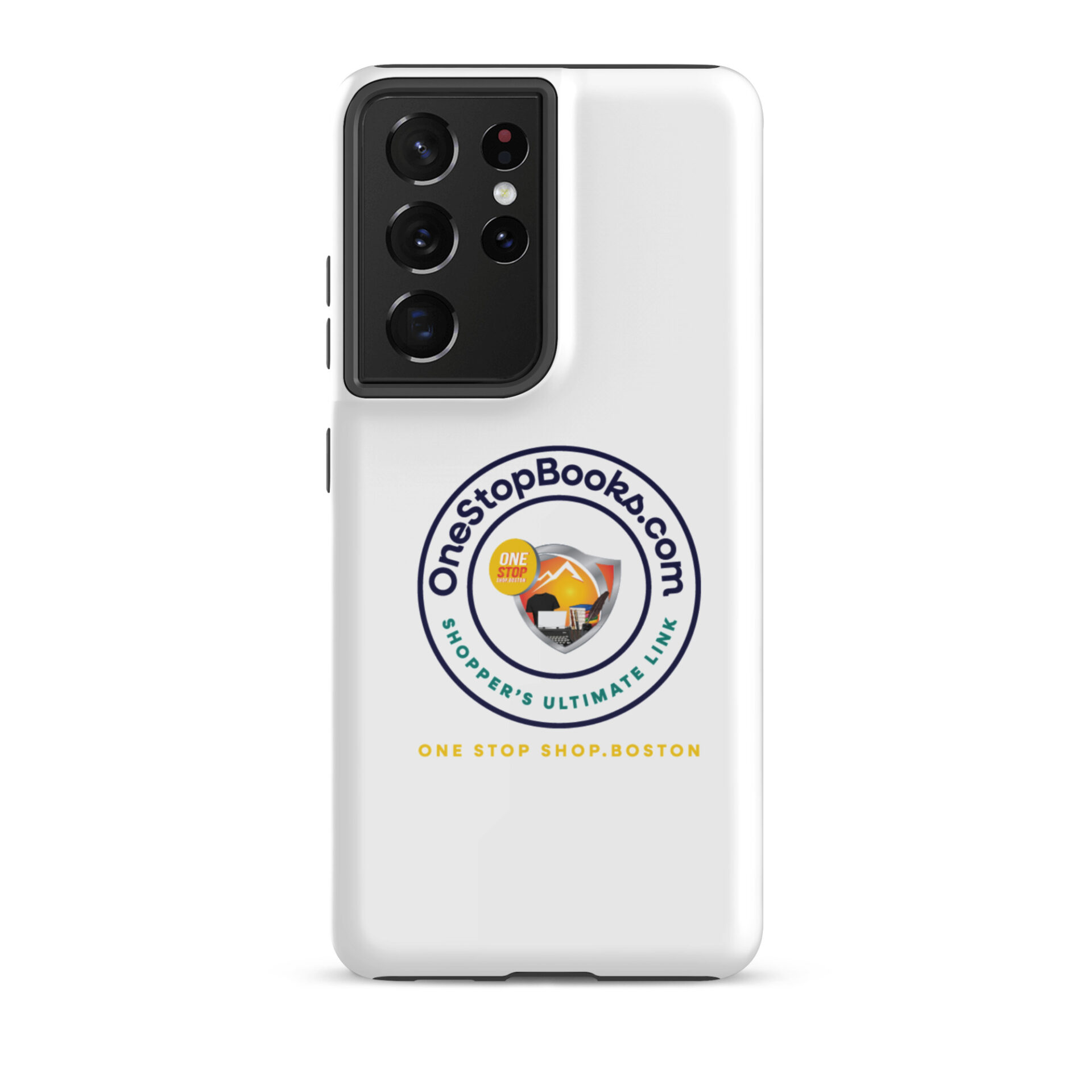 White phone case with OneStopBooks.com logo.