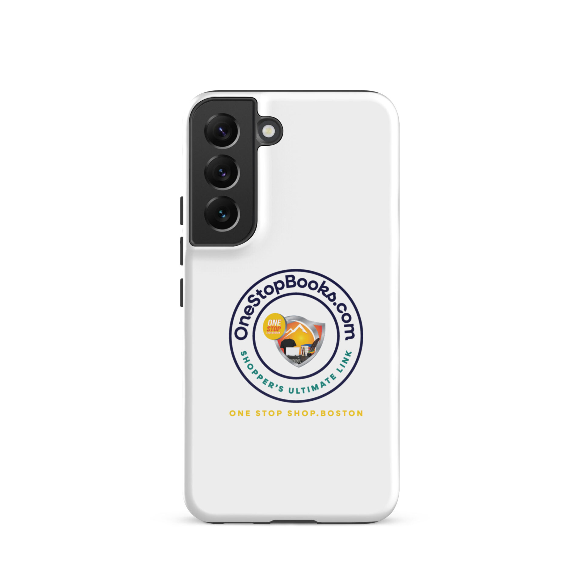White phone case with OneStopBooks.com logo.
