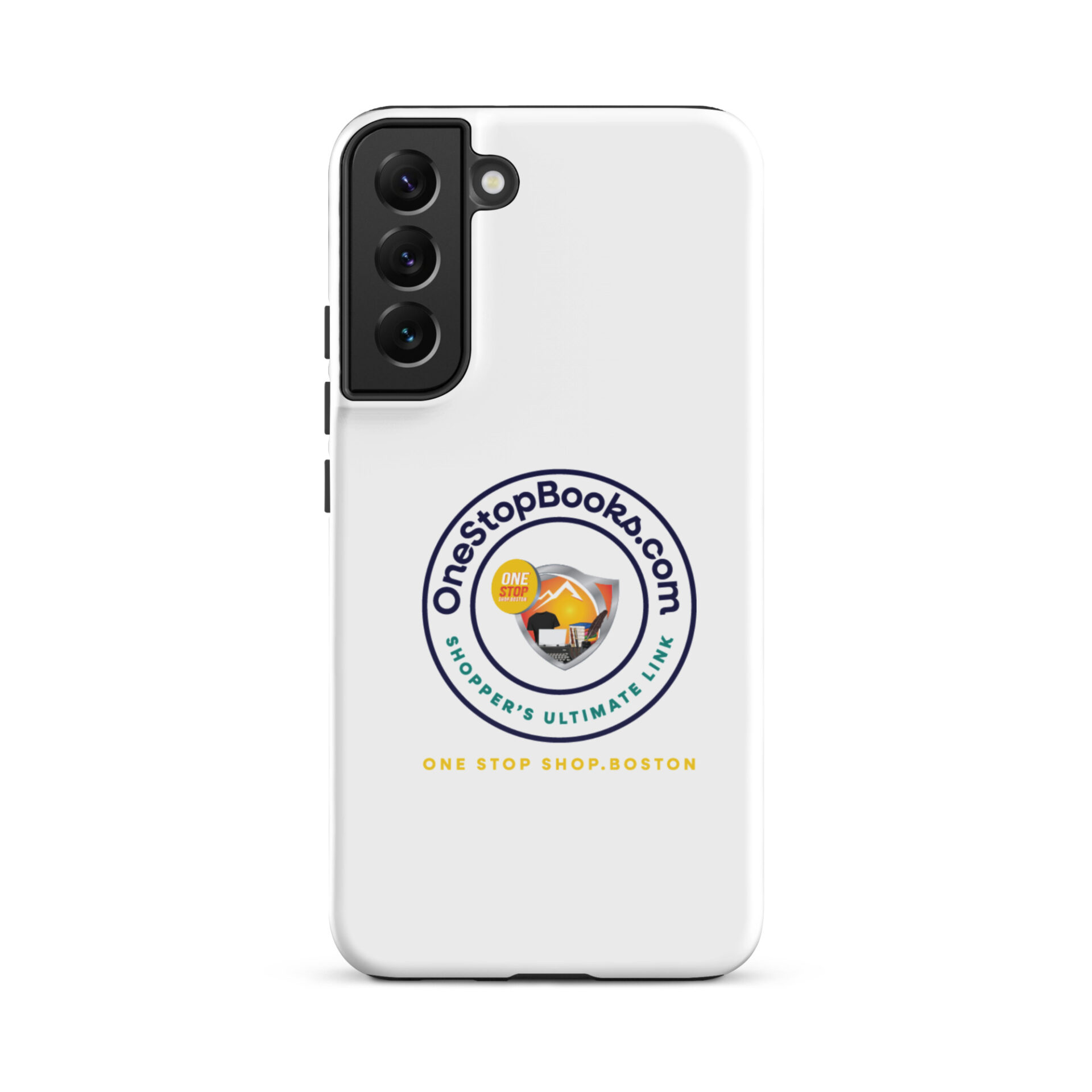 White phone case with OneStopBooks.com logo.