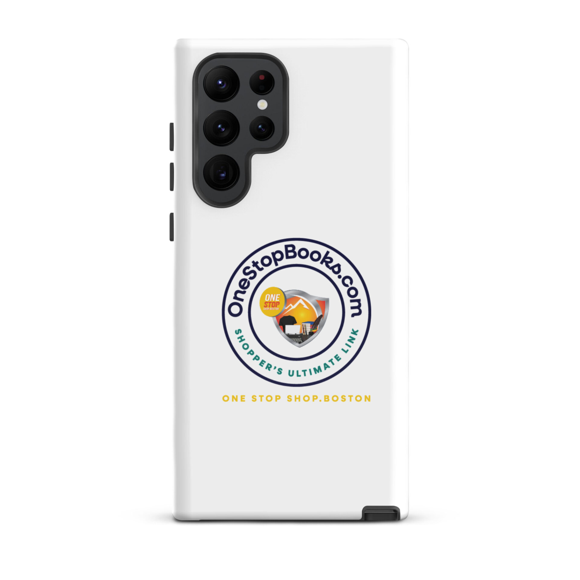 White phone case with OneStopBooks.com logo.