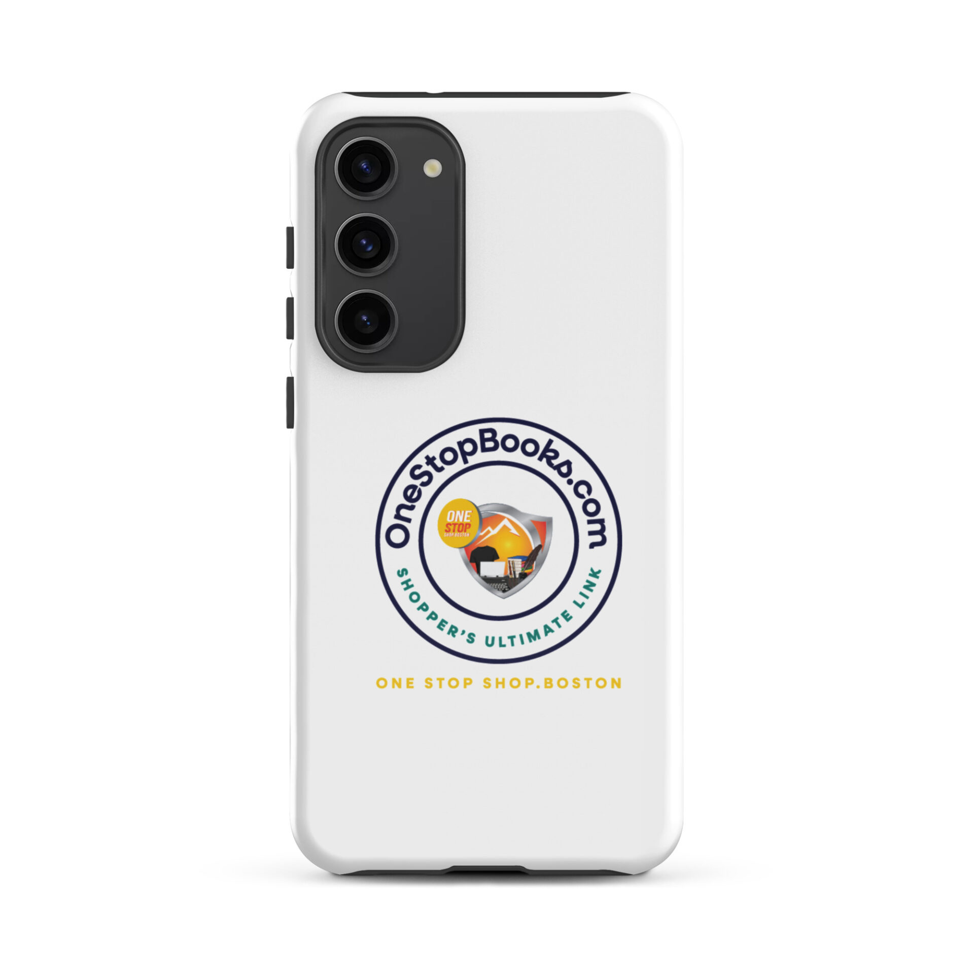 White phone case with OneStopBooks.com logo.