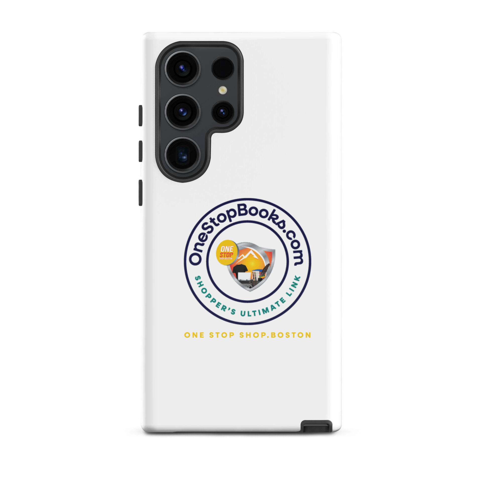 White phone case with OneStopBooks.com logo.