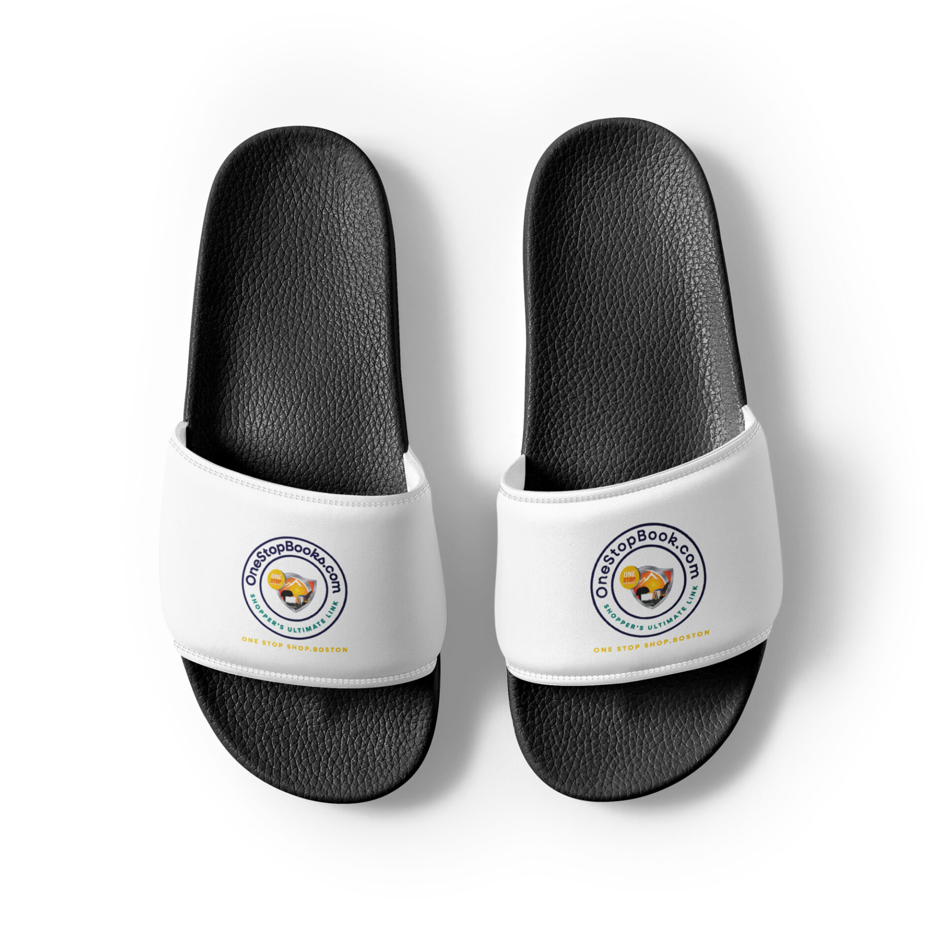 Pair of black and white slides with logo.